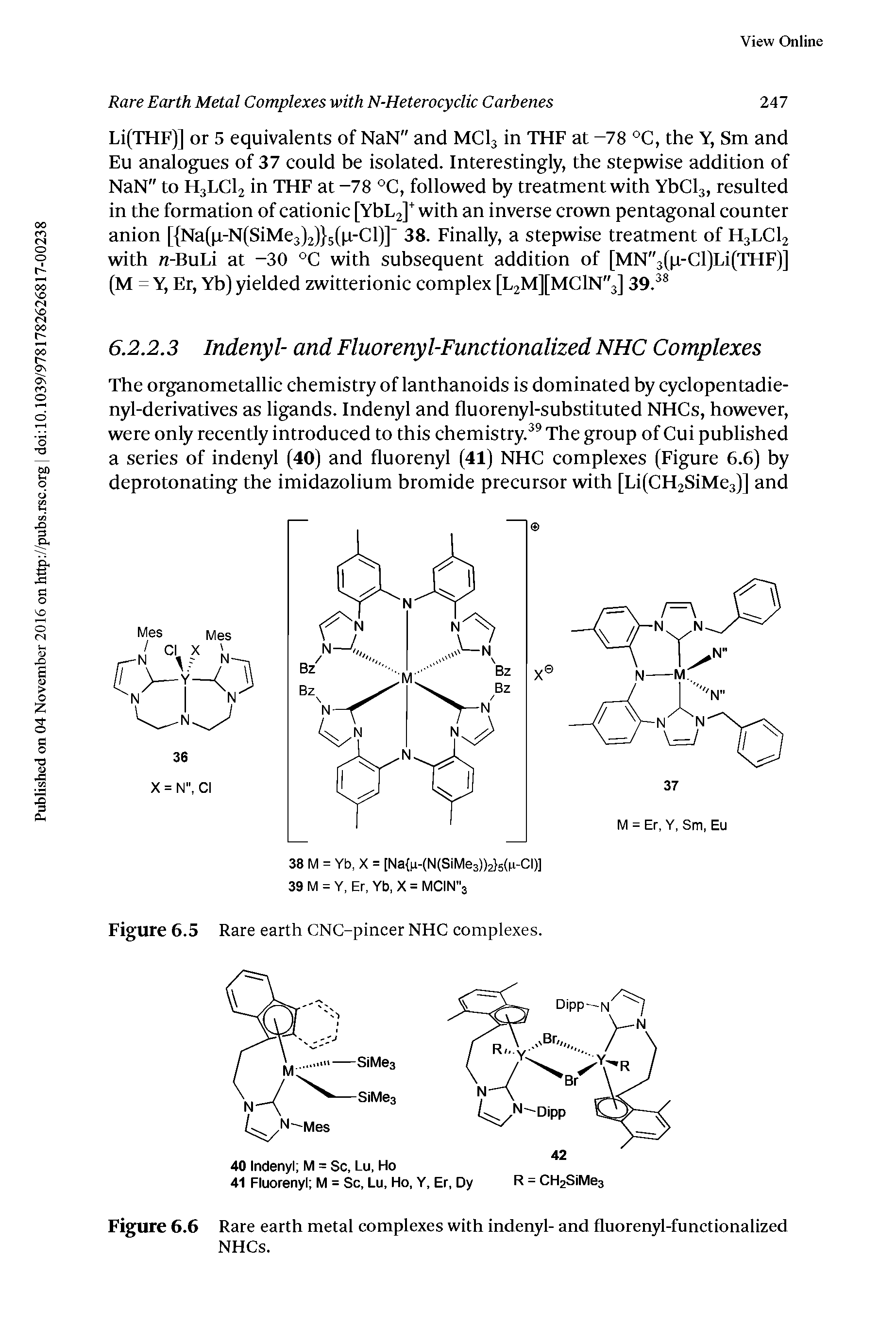 Figure 6.6 Rare earth metal complexes with indenyl- and fluorenyl-functionalized NHCs.