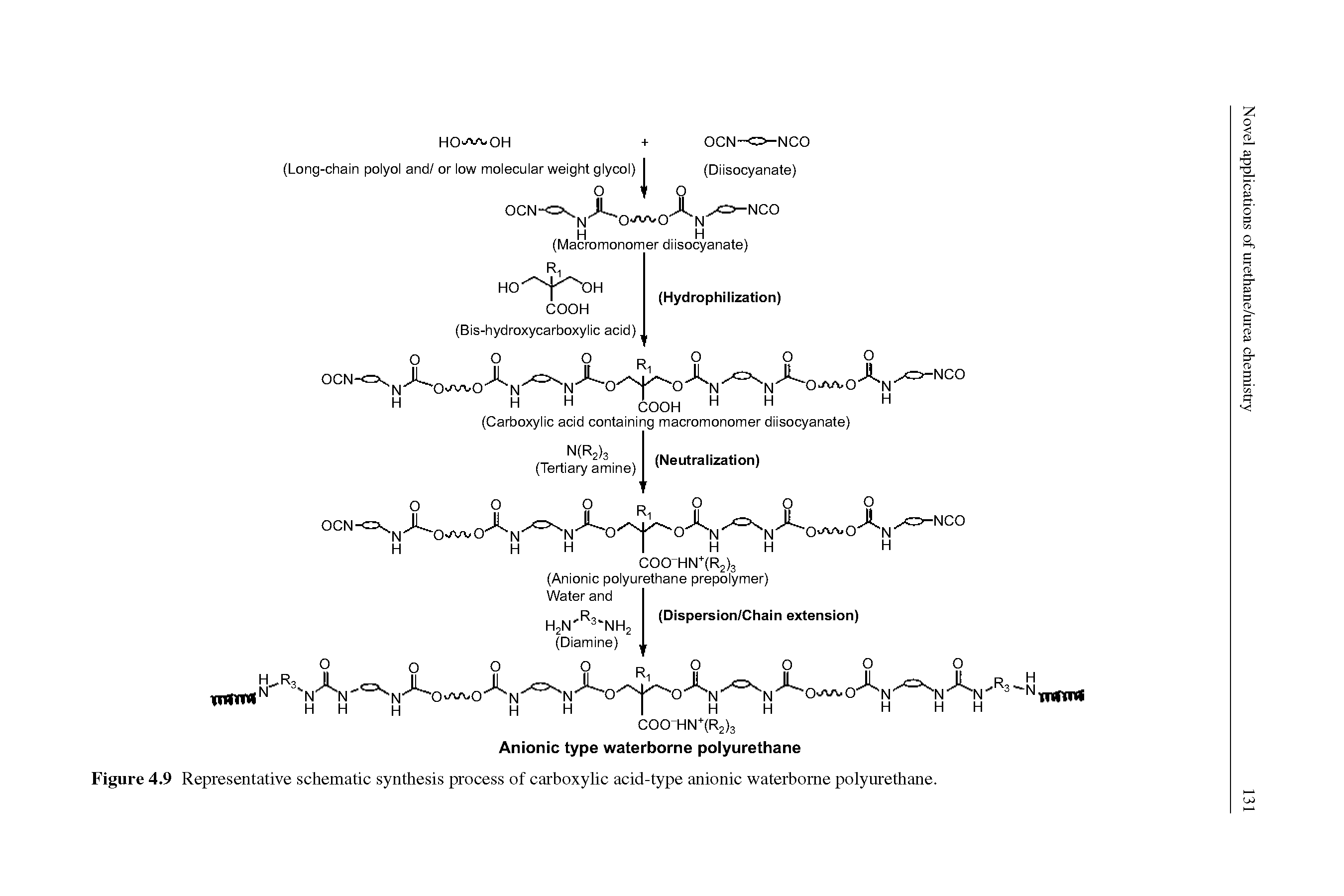 Figure 4.9 Representative schematic synthesis process of carboxylic acid-type anionic waterborne polyurethane.