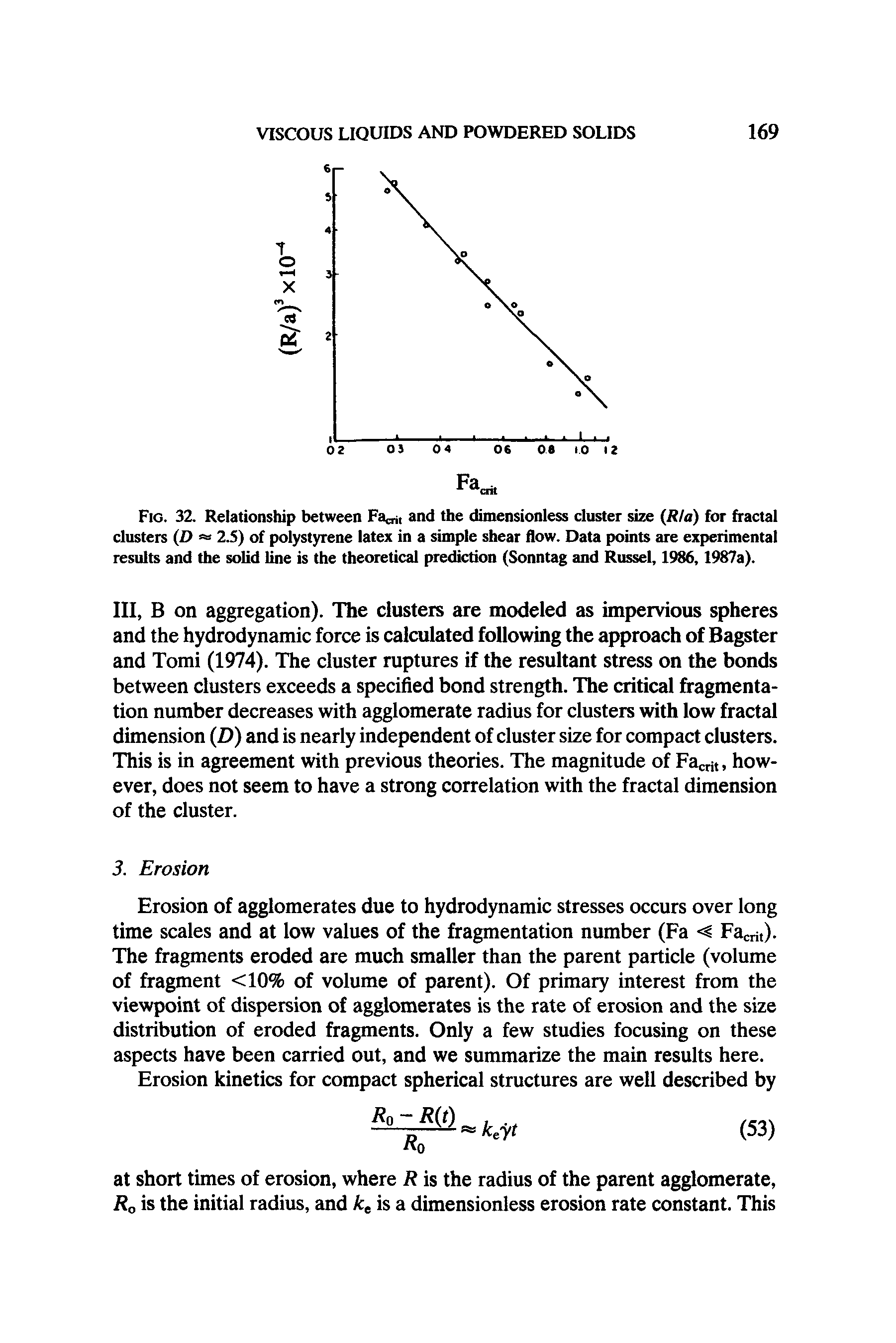 Fig. 32. Relationship between Fa, and the dimensionless cluster size (Rla) for fractal clusters (D 2.5) of polystyrene latex in a simple shear flow. Data points are experimental results and the solid line is the theoretical prediction (Sonntag and Russel, 1986,1987a).
