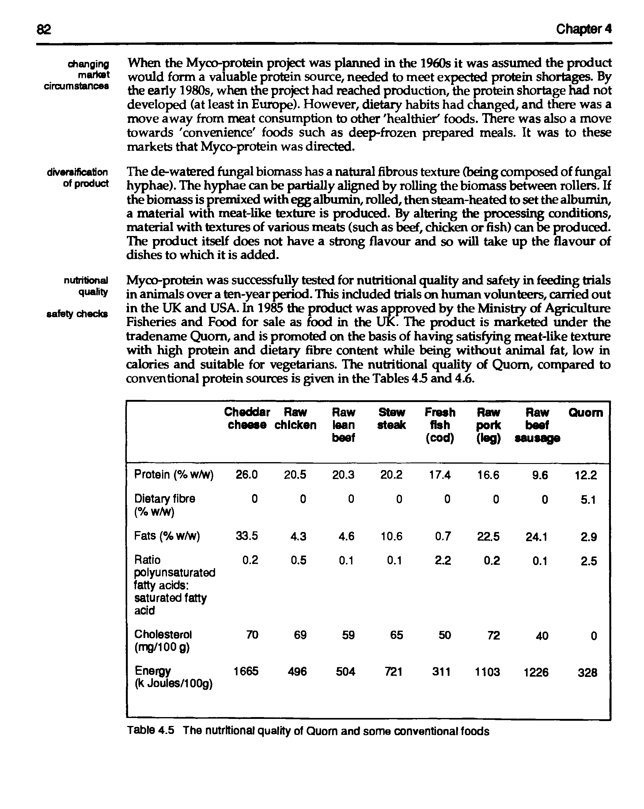 Table 4.5 The nutritional quality of Quorn and some conventional foods...