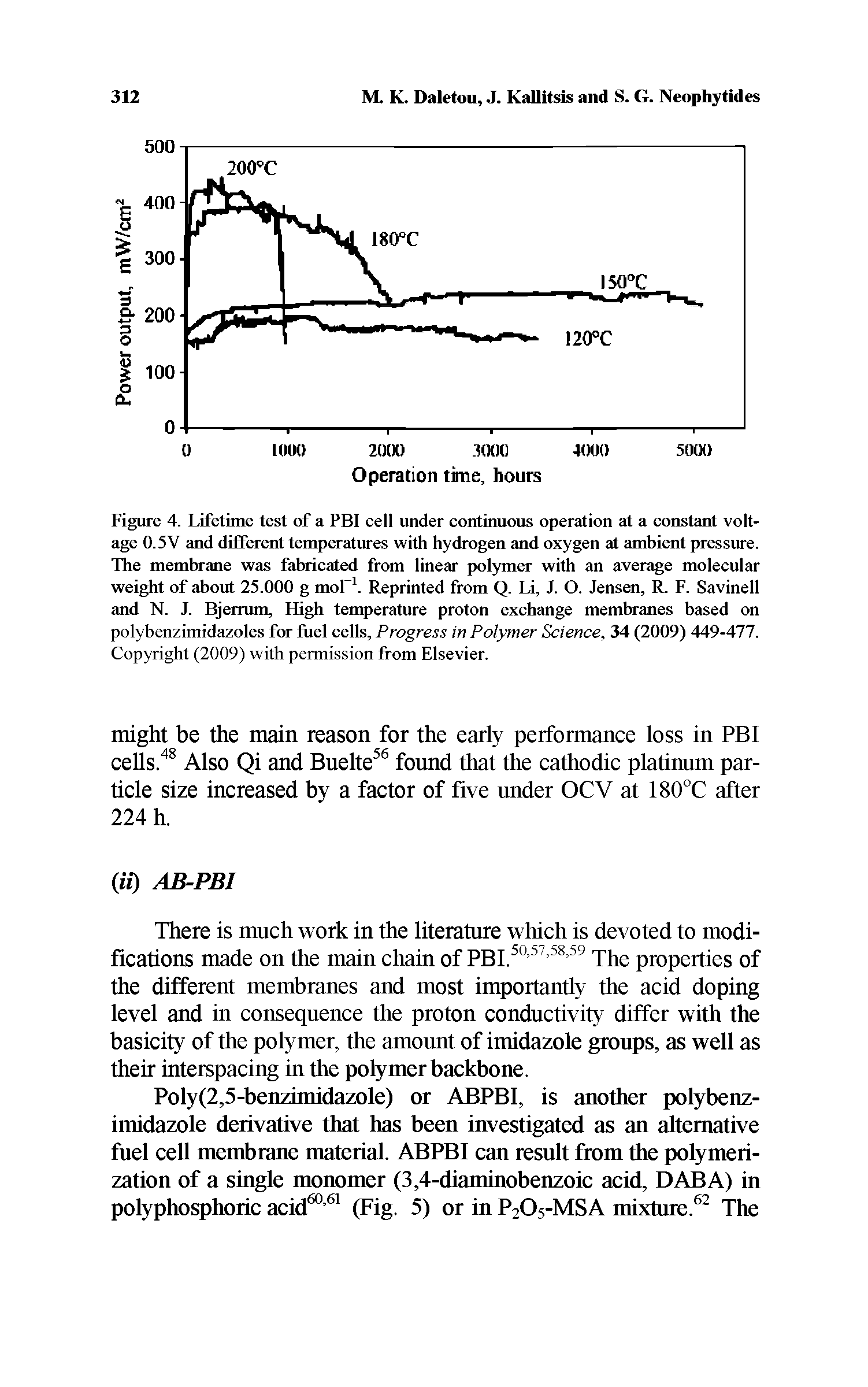Figure 4. Lifetime lest of a FBI cell under continuous operation at a constant voltage 0.5V and different temperatures with hydrogen and oxygen at ambient pressure. The membrane was fabrieated from linear polymer with an average molecular weight of about 25.000 g mol. Reprinted from Q. Li, J. O. Jensen, R. F. Savinell and N. J. Bjerrum, High temperature proton exchange membranes based on polybenzimidazoles for fuel eells. Progress in Polymer Science, 34 (2009) 449-477. Copyright (2009) with permission from Elsevier.