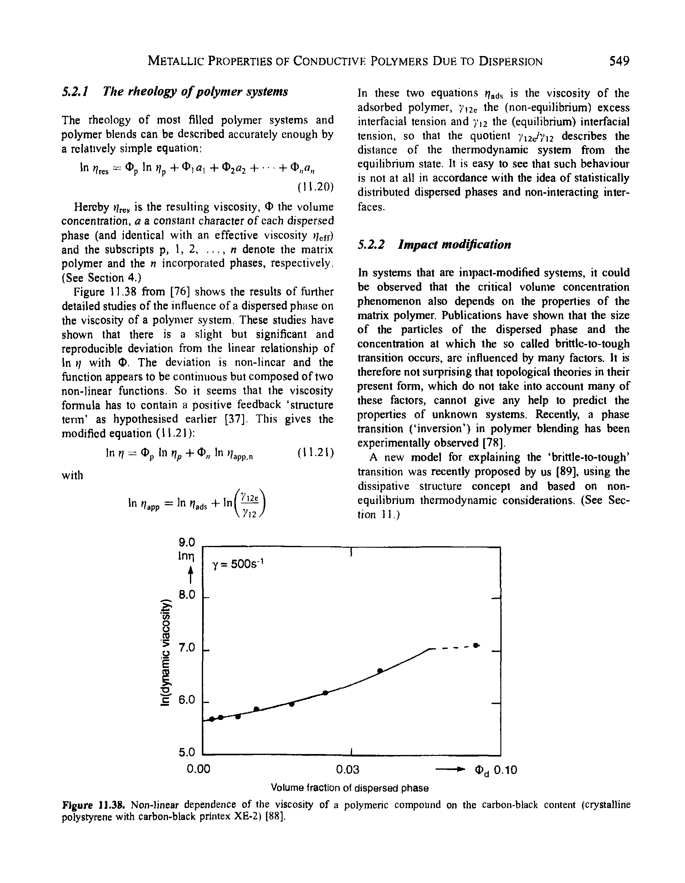 Figure 11.38. Non-linear dependence of the viscosity of a polymeric compound on the carbon-black content (crystalline polystyrene with carbon-black printex XE-2) [88],...