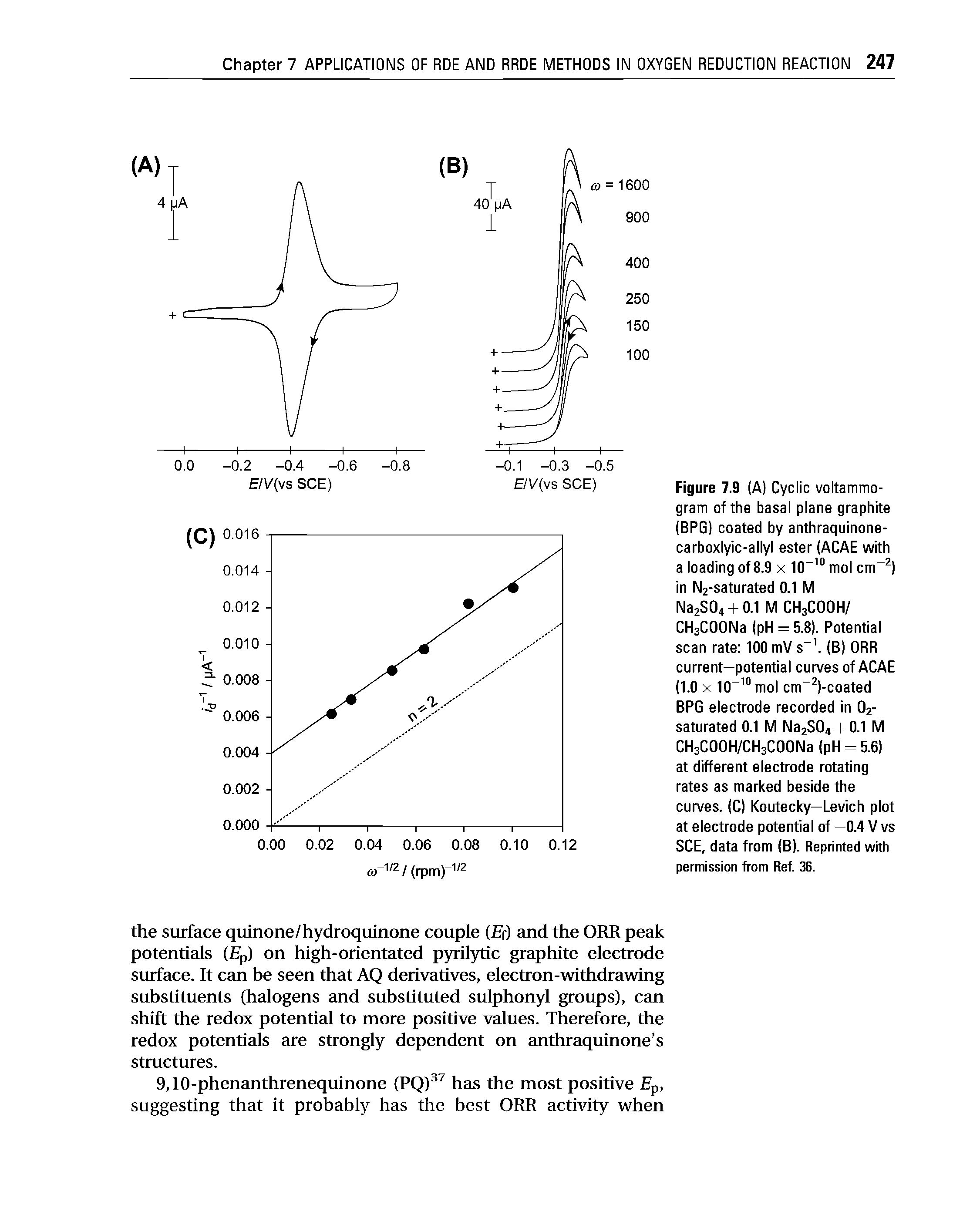 Figure 7.9 (A) Cyclic voltammo-gratn of the basal plane graphite (BPG) coated by anthraquinone-carboxlyic-allyl ester (ACAE with a loading of 8.9 x 10 mol cm ) in N2 Saturated 0.1 M Na2S04 + 0.1 M CH3COOH/ CHaCOONa (pH = 5.8). Potential scan rate 100 mV s . (B) ORR current—potential curves of ACAE (1.0 X 10 " mol cm )-coated BPG electrode recorded in O2-saturated 0.1 M Na2S04 + 0.1 M CHaCOOH/CHaCOONa (pH = 5.6) at different electrode rotating rates as marked beside the curves. (C) Koutecky—Levich plot at electrode potential of 0.4 V vs SCE, data from (B). Reprinted with permission from Ref. 36.