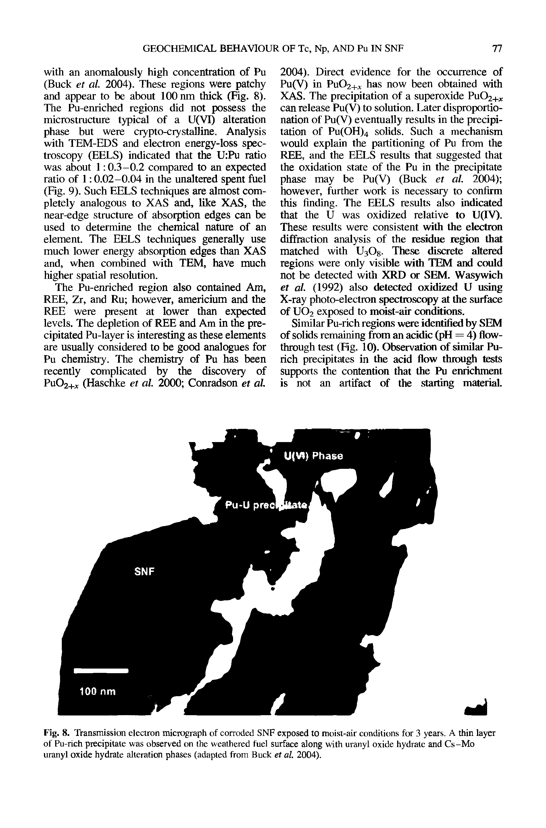 Fig. 8. Transmission electron micrograph of corroded SNF exposed to moist-air conditions for 3 years. A thin layer of Pu-rich precipitate was observed on the weathered fuel surface along with uranyl oxide hydrate and Cs-Mo uranyl oxide hydrate alteration phases (adapted from Buck et al. 2004).