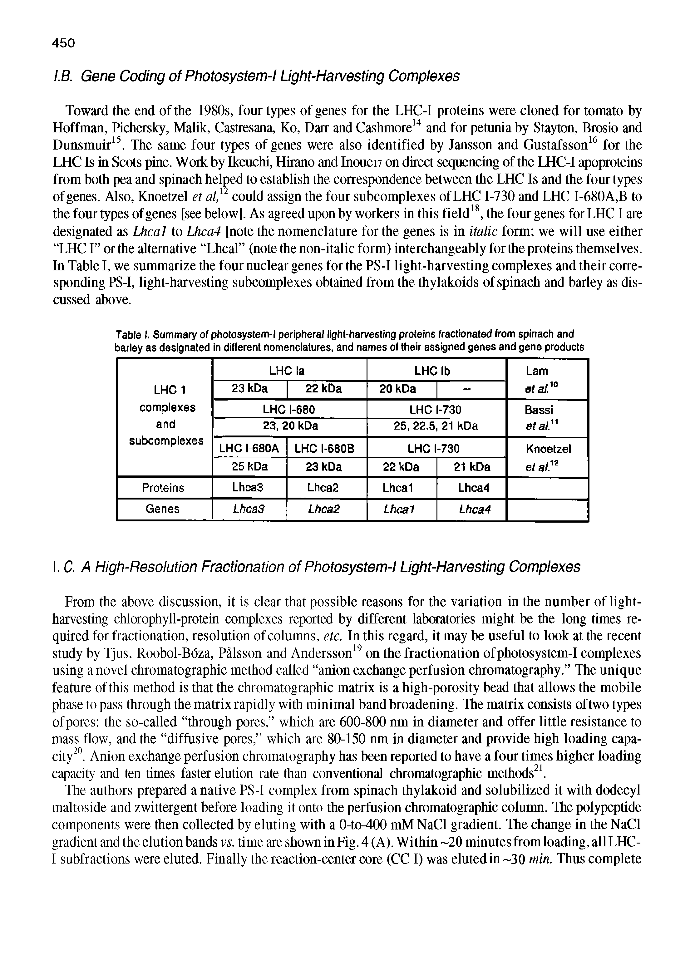 Table I. Summary of photosystem-l peripheral light-harvesting proteins fractionated from spinach and barley as designated In different nomenclatures, and names of their assigned genes and gene products...