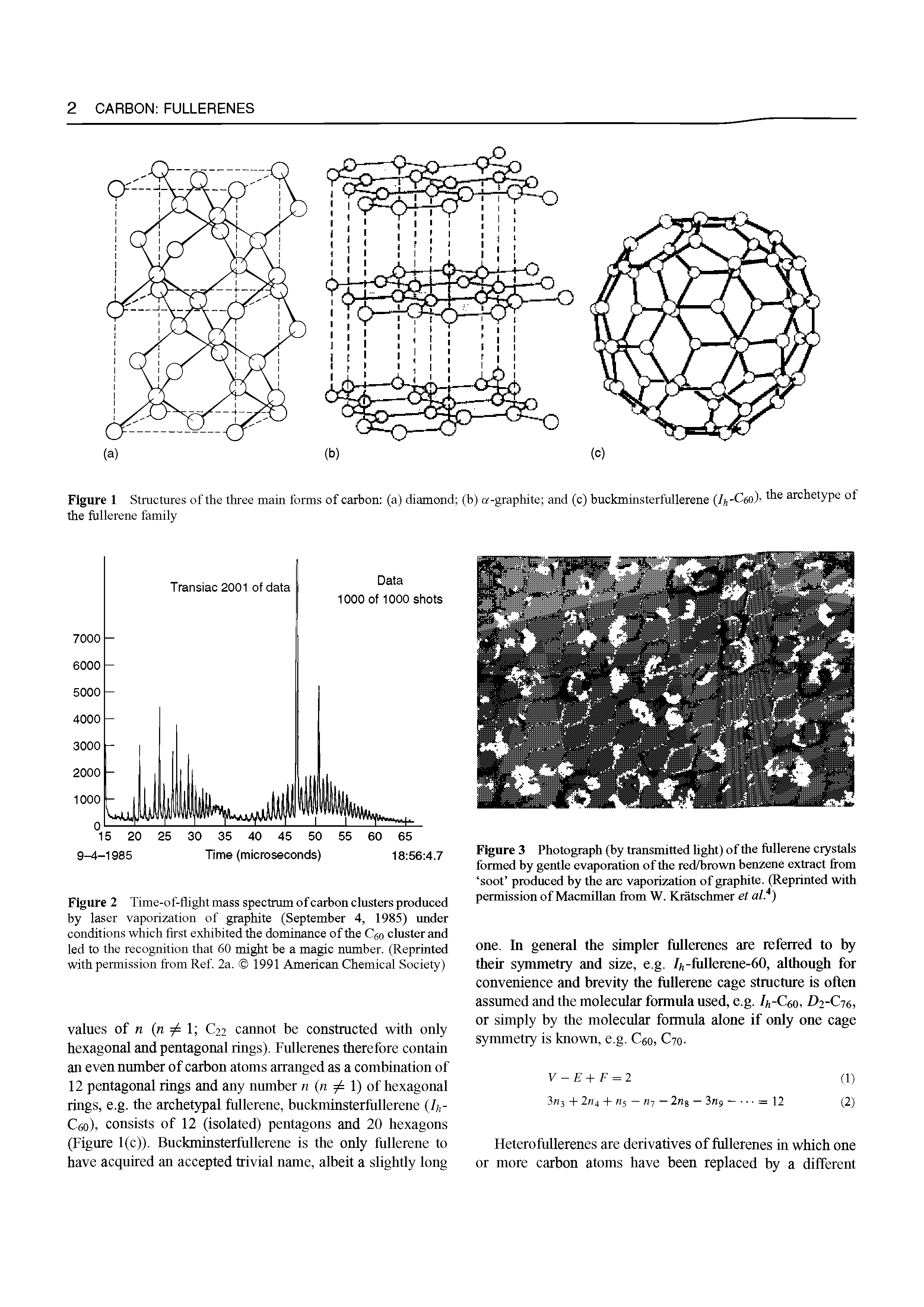 Figure 2 Time-of-flight mass spectrum of carbon clusters produced by laser vaporization of graphite (September 4, 1985) imder conditions which first exhibited the dominance of the Cgo cluster and led to the recognition that 60 might be a magic number. (Reprinted with permission from Ref 2a. 1991 American Chemical Society)...