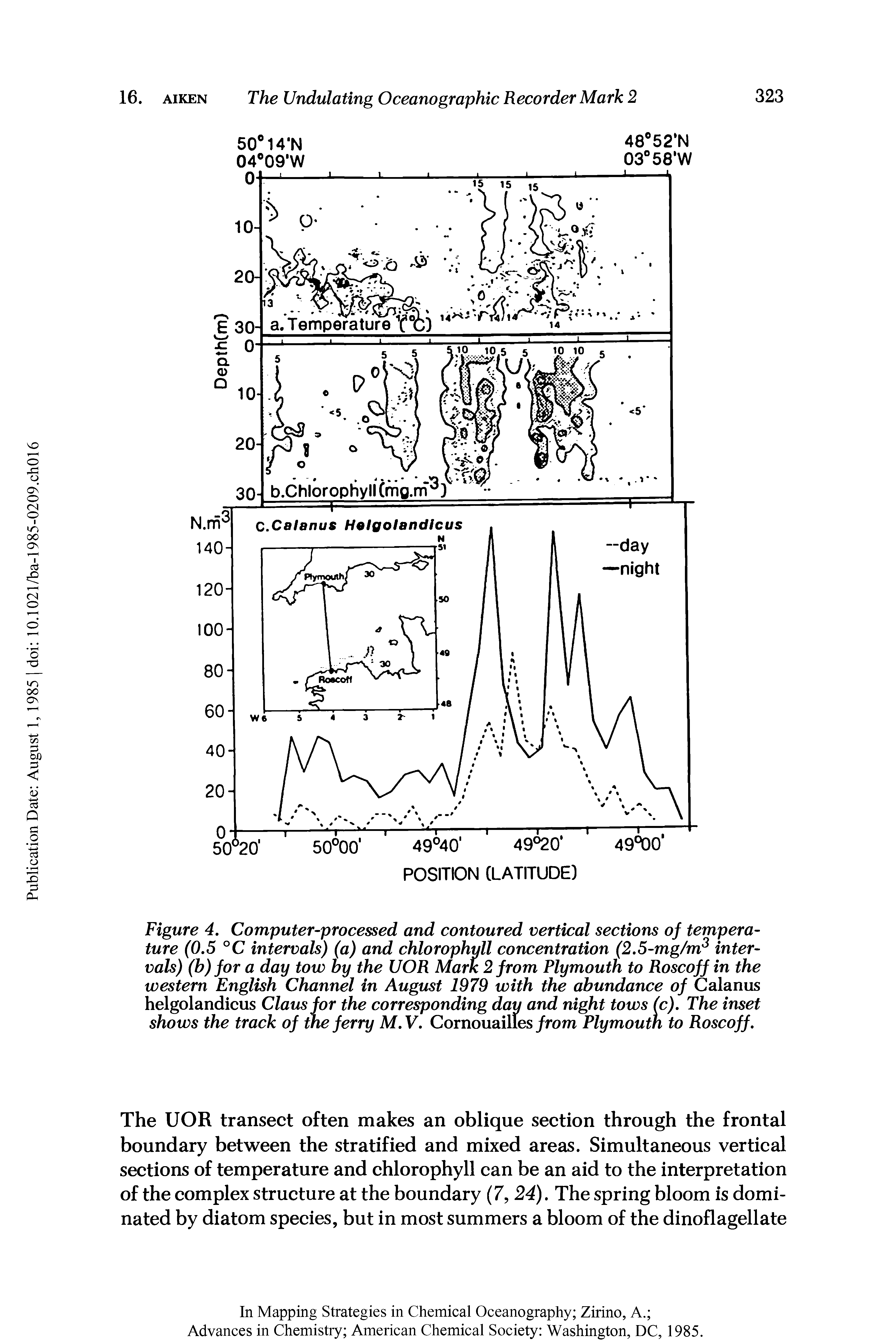 Figure 4, Computer-processed and contoured vertical sections of temperature (0.5 °C intervals) (a) and chlorophyll concentration (2.5-mg/m intervals) (b)for a day tow by the UOR Mark 2 from Plymouth to Roscoff in the western English Channel in August 1979 with the abundance of Calanus helgolandicus Claus for the corresponding day and night tows (c). The inset shows the track of the ferry M. V, Cornouailles from Plymouth to Roscoff,...