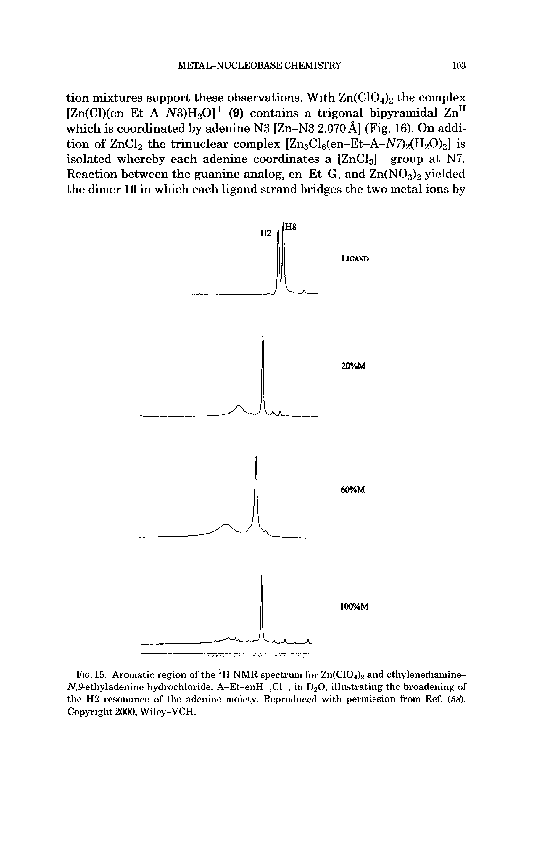 Fig. 15. Aromatic region of the H NMR spectrum for Zn(C104)2 and ethylenediamine-N,5-ethyladeninc hydrochloride, A-Et-enHf,Cl , in D20, illustrating the broadening of the H2 resonance of the adenine moiety. Reproduced with permission from Ref. (58). Copyright 2000, Wiley-VCH.