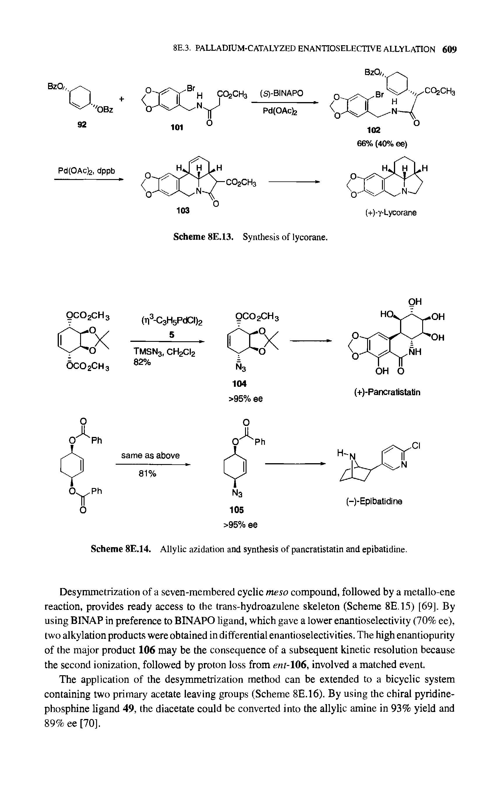 Scheme 8E.14. Allylic azidation and synthesis of pancratistatin and epibatidine.