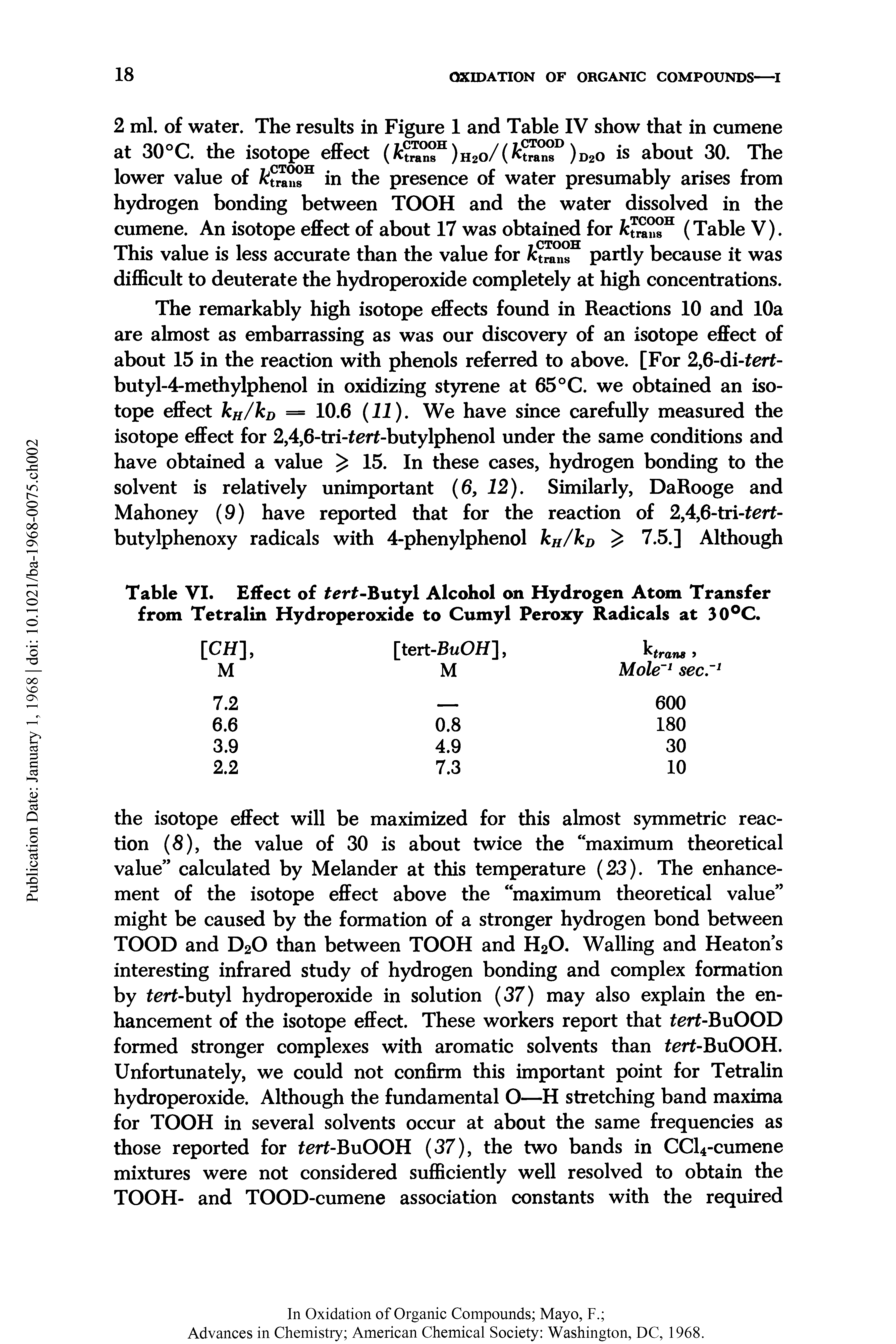 Table VI. Effect of tert-Butyl Alcohol on Hydrogen Atom Transfer from Tetralin Hydroperoxide to Cumyl Peroxy Radicals at 30°C.