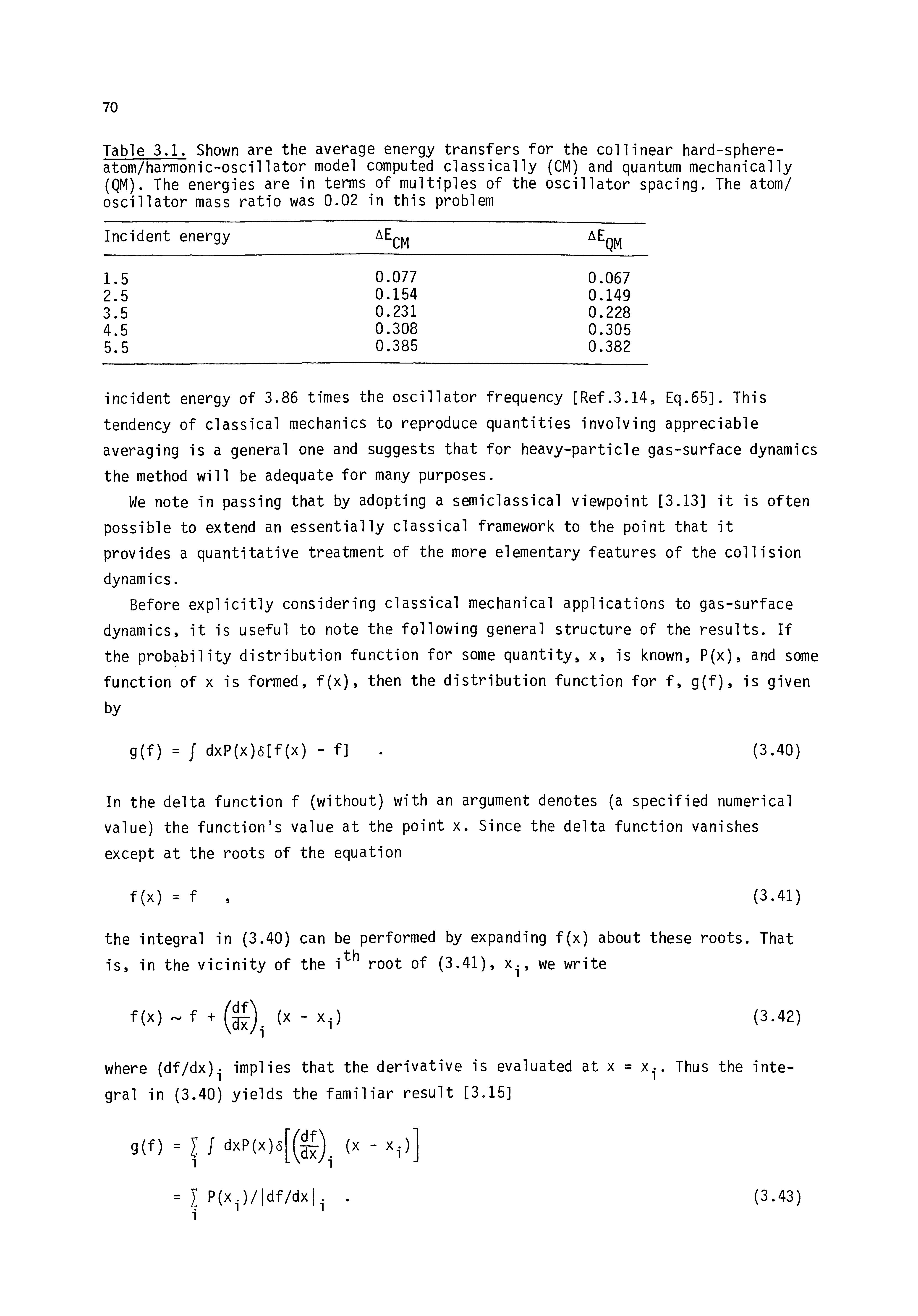 Table 3.1. Shown are the average energy transfers for the col linear hard-sphere-atom/harmonic-oscillator model computed classically (CM) and quantum mechanically (QM). The energies are in terms of multiples of the oscillator spacing. The atom/ oscillator mass ratio was 0.02 in this problem...