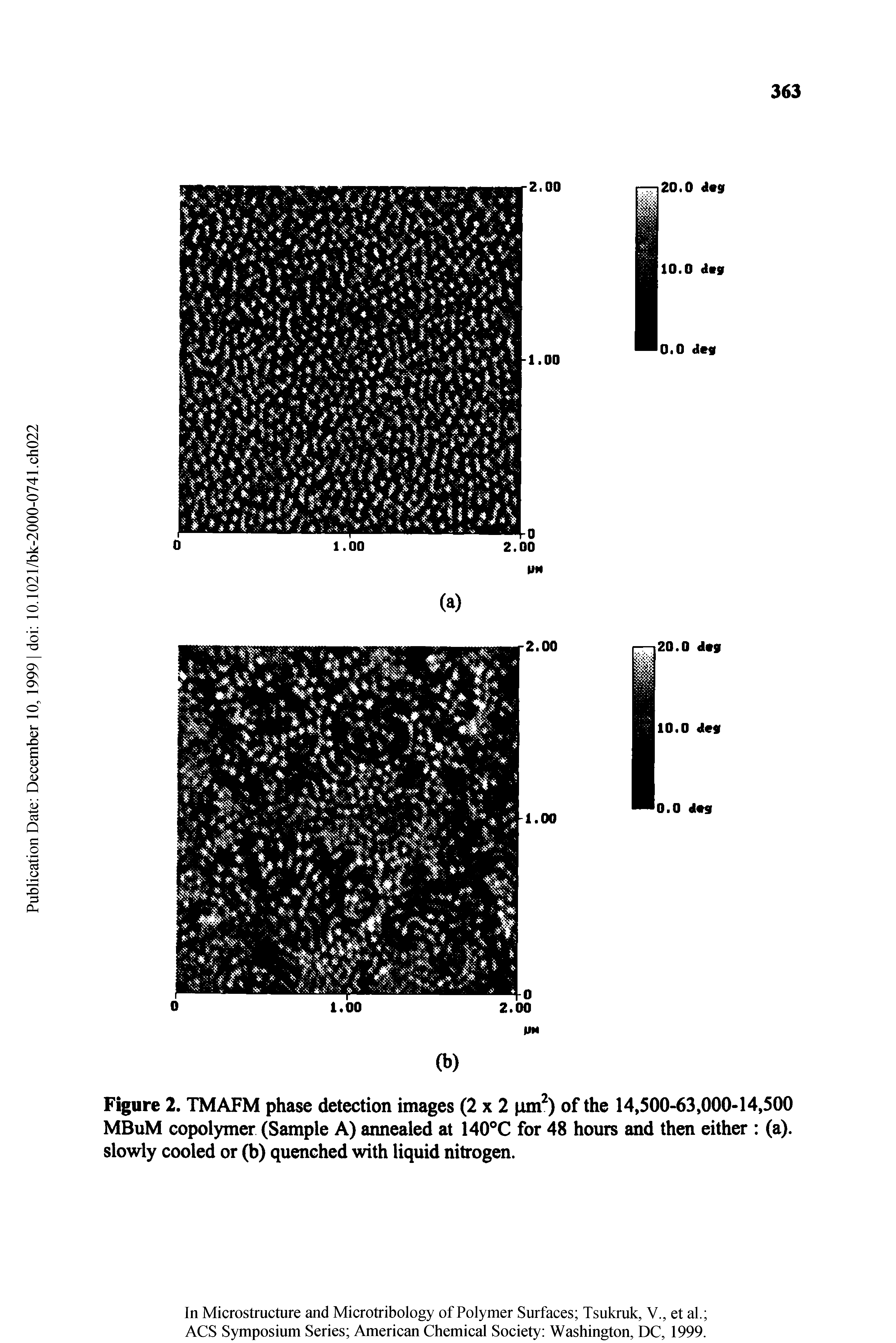 Figure 2. TMAFM phase detection images (2x2 pm ) of the 14,500-63,000-14,500 MBuM copolymer (Sample A) aimealed at 140 C for 48 hours and then either (a), slowly cooled or (b) quenched with liquid nitrogen.