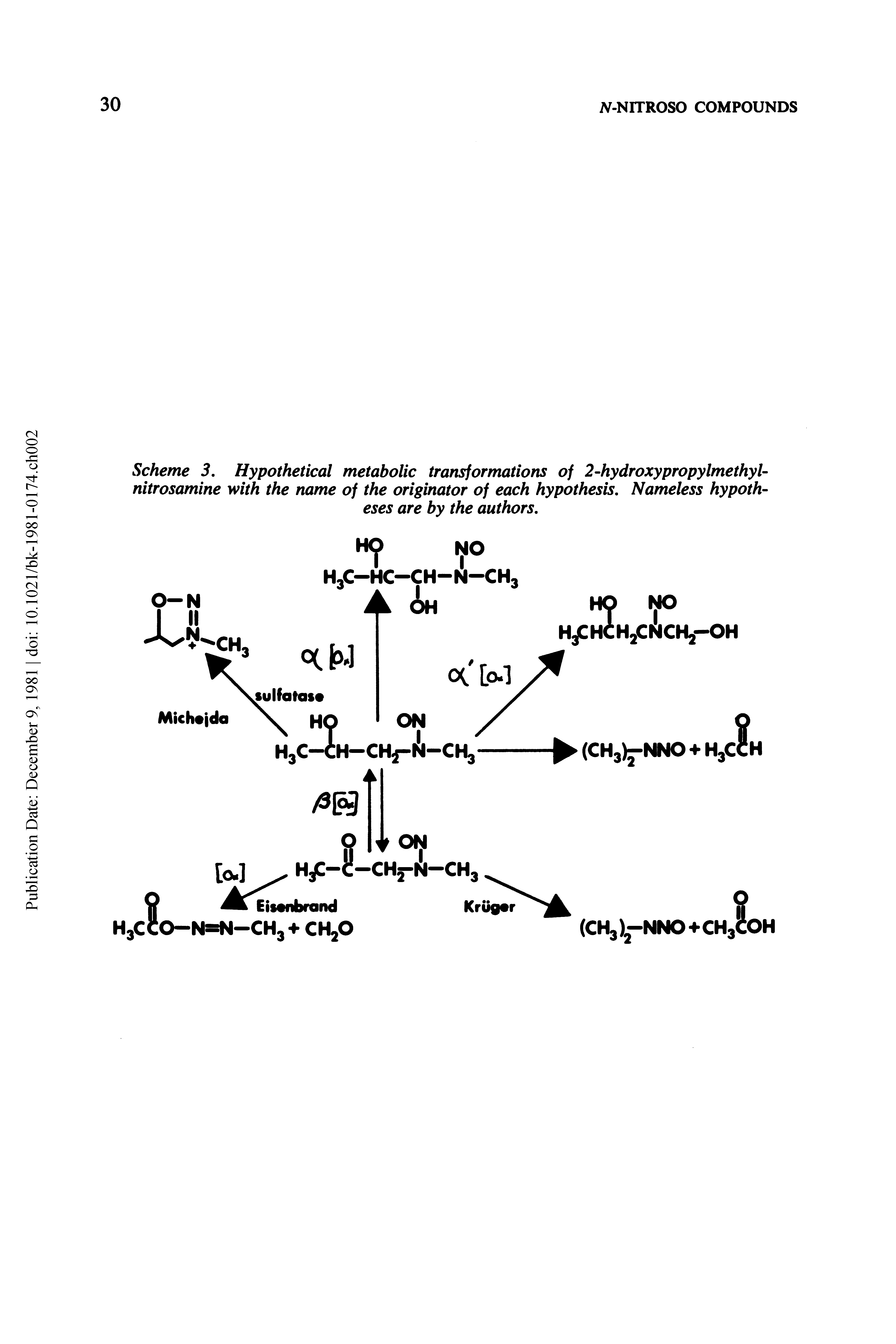 Scheme 3, Hypothetical metabolic transformations of 2-hydroxypropylmethyl nitrosamine with the name of the originator of each hypothesis. Nameless hypotheses are by the authors.