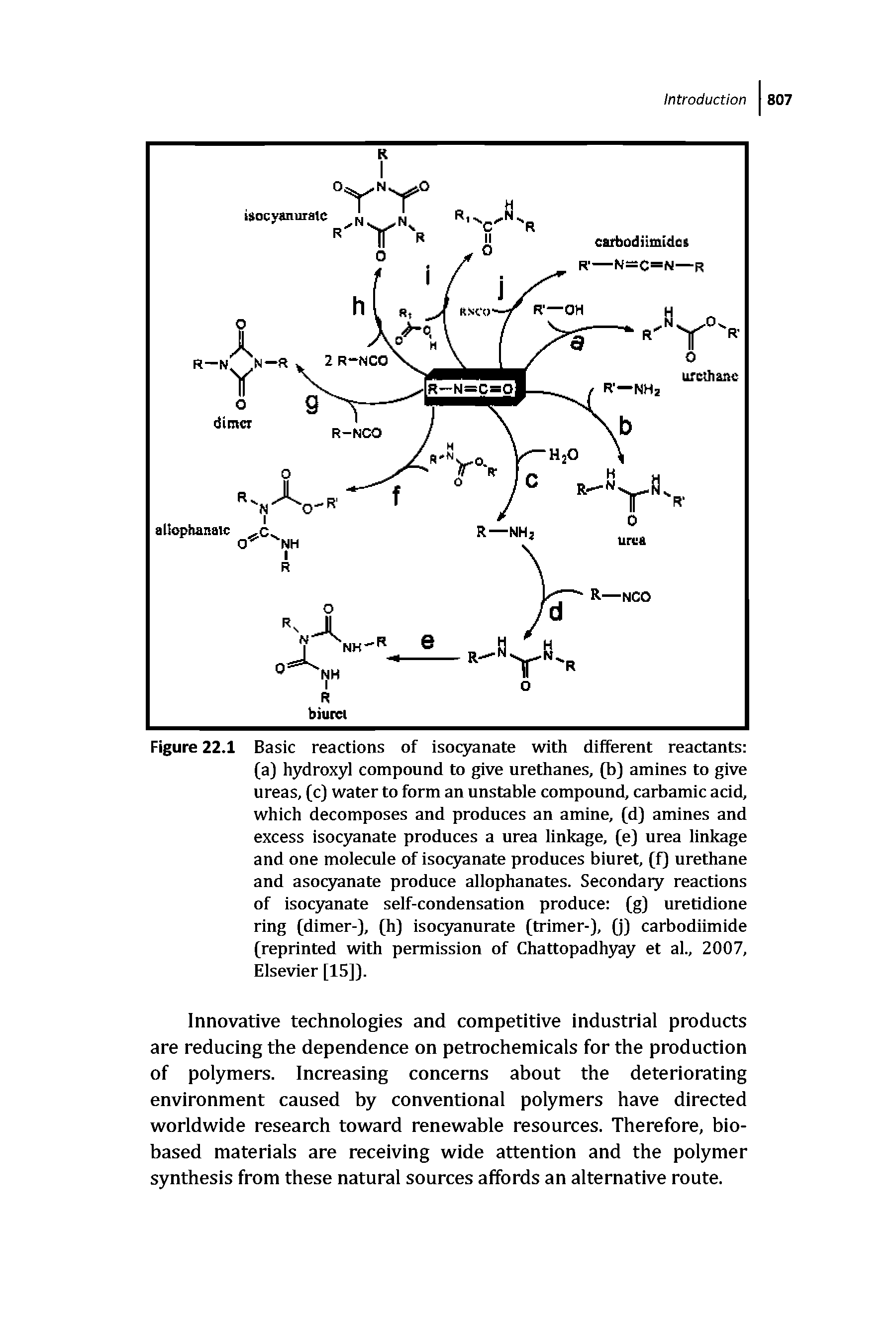 Figure 22.1 Basic reactions of isoq nate with different reactants (a) hydroxyl compound to give urethanes, (b) amines to give ureas, (c) water to form an unstable compound, carbamic acid, which decomposes and produces an amine, (d) amines and excess isocyanate produces a urea linkage, (e) urea linkage and one molecule of isocyanate produces biuret, (f) urethane and asocyanate produce allophanates. Secondary reactions of isoc3canate self-condensation produce (g) uretidione ring (dimer-), (h) isocyanurate (trimer-), (j) carbodiimide (reprinted with permission of Chattopadh3ray et al., 2007, Elsevier [15]).