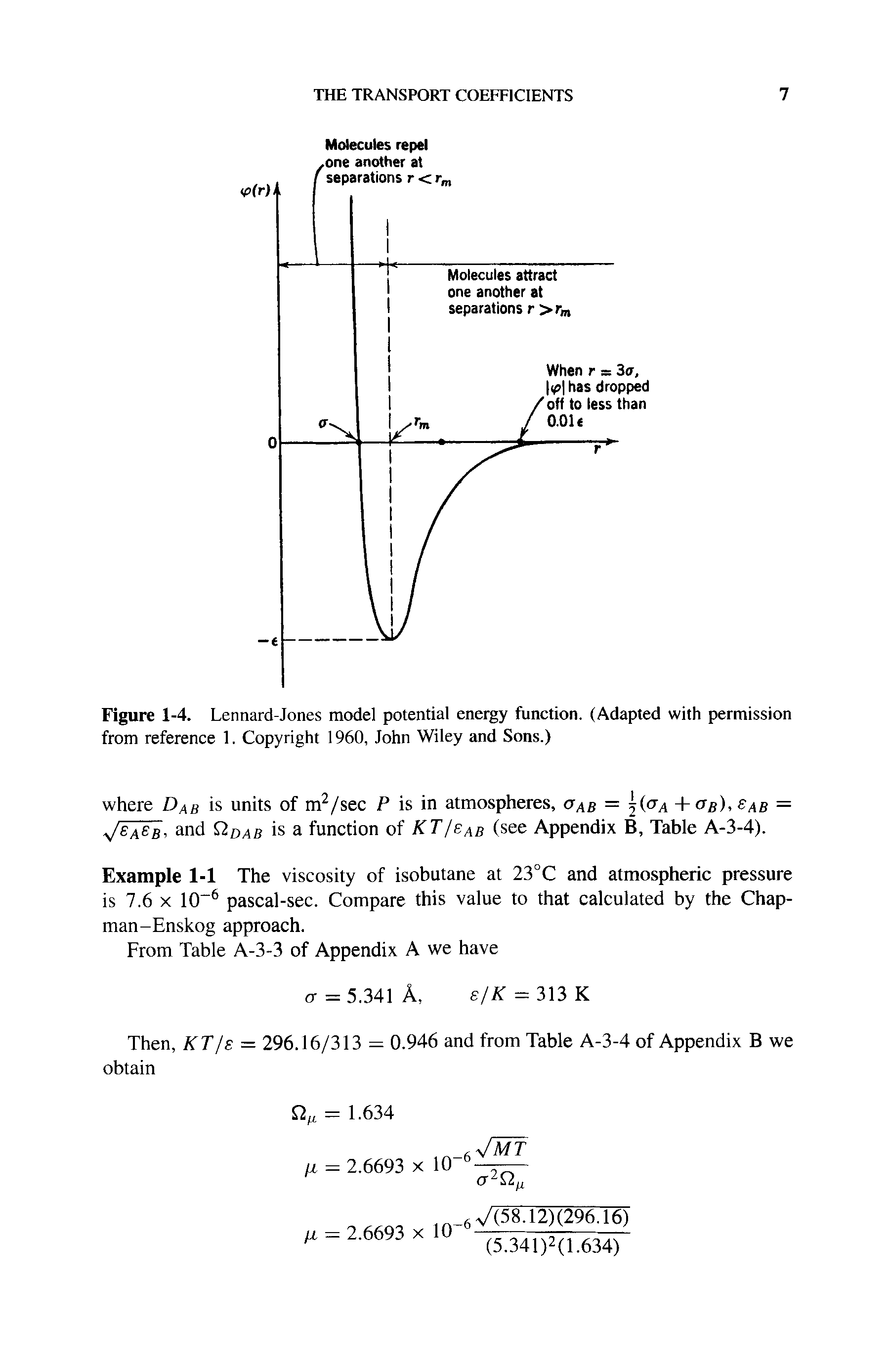 Figure 1-4. Lennard-Jones model potential energy function. (Adapted with permission from reference 1. Copyright 1960, John Wiley and Sons.)...