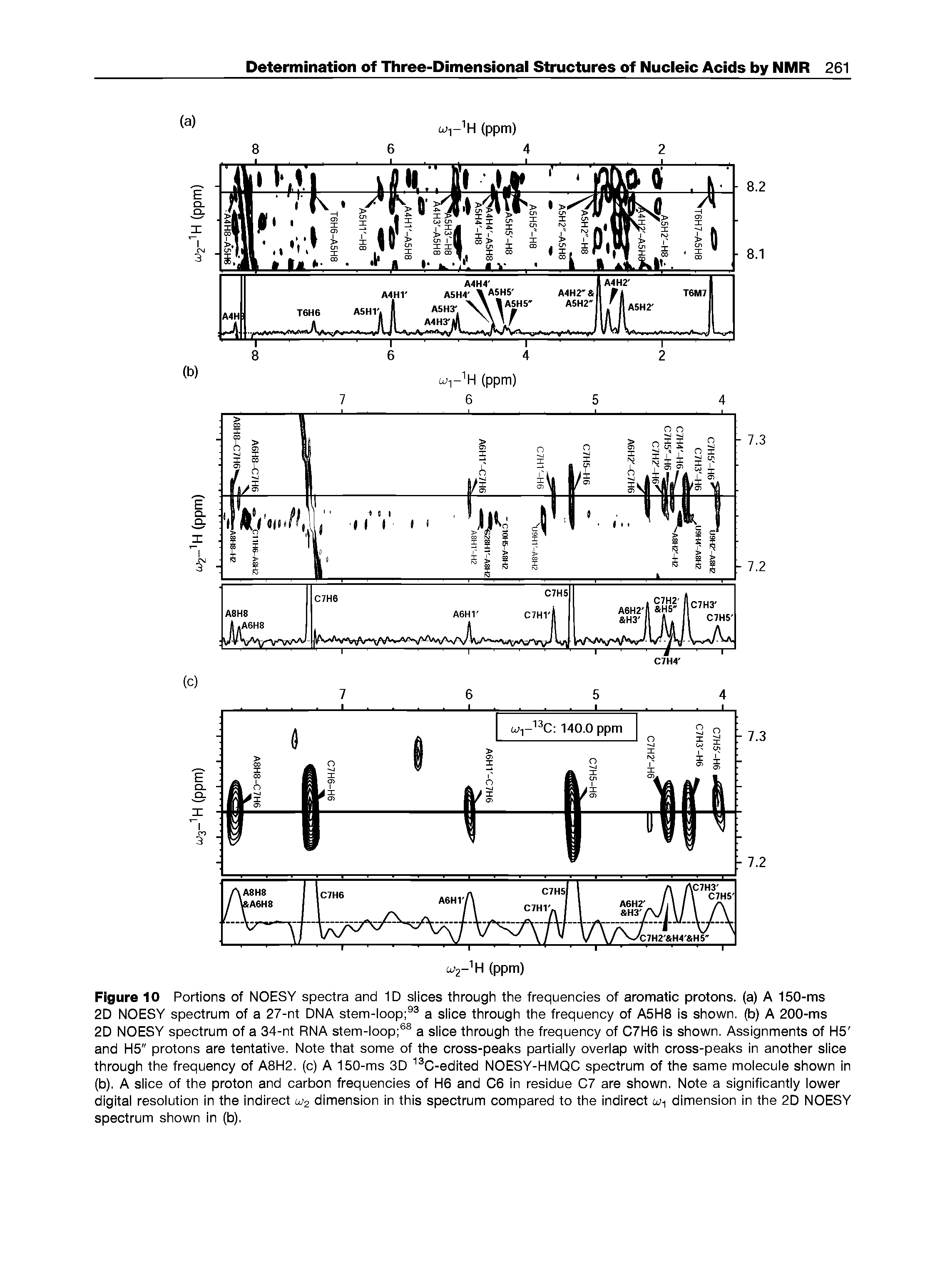 Figure 10 Portions of NOESY spectra and 1D slices through the frequencies of aromatic protons, (a) A 150-ms 2D NOESY spectrum of a 27-nt DNA stem-loop 93 a slice through the frequency of A5H8 is shown, (b) A 200-ms 2D NOESY spectrum of a 34-nt RNA stem-loop 68 a slice through the frequency of C7H6 is shown. Assignments of H5 and H5" protons are tentative. Note that some of the cross-peaks partially overlap with cross-peaks in another slice through the frequency of A8H2. (c) A 150-ms 3D 13C-edited NOESY-HMQC spectrum of the same molecule shown in (b). A slice of the proton and carbon frequencies of H6 and C6 in residue C7 are shown. Note a significantly lower digital resolution in the indirect uj2 dimension in this spectrum compared to the indirect u1 dimension in the 2D NOESY spectrum shown in (b).