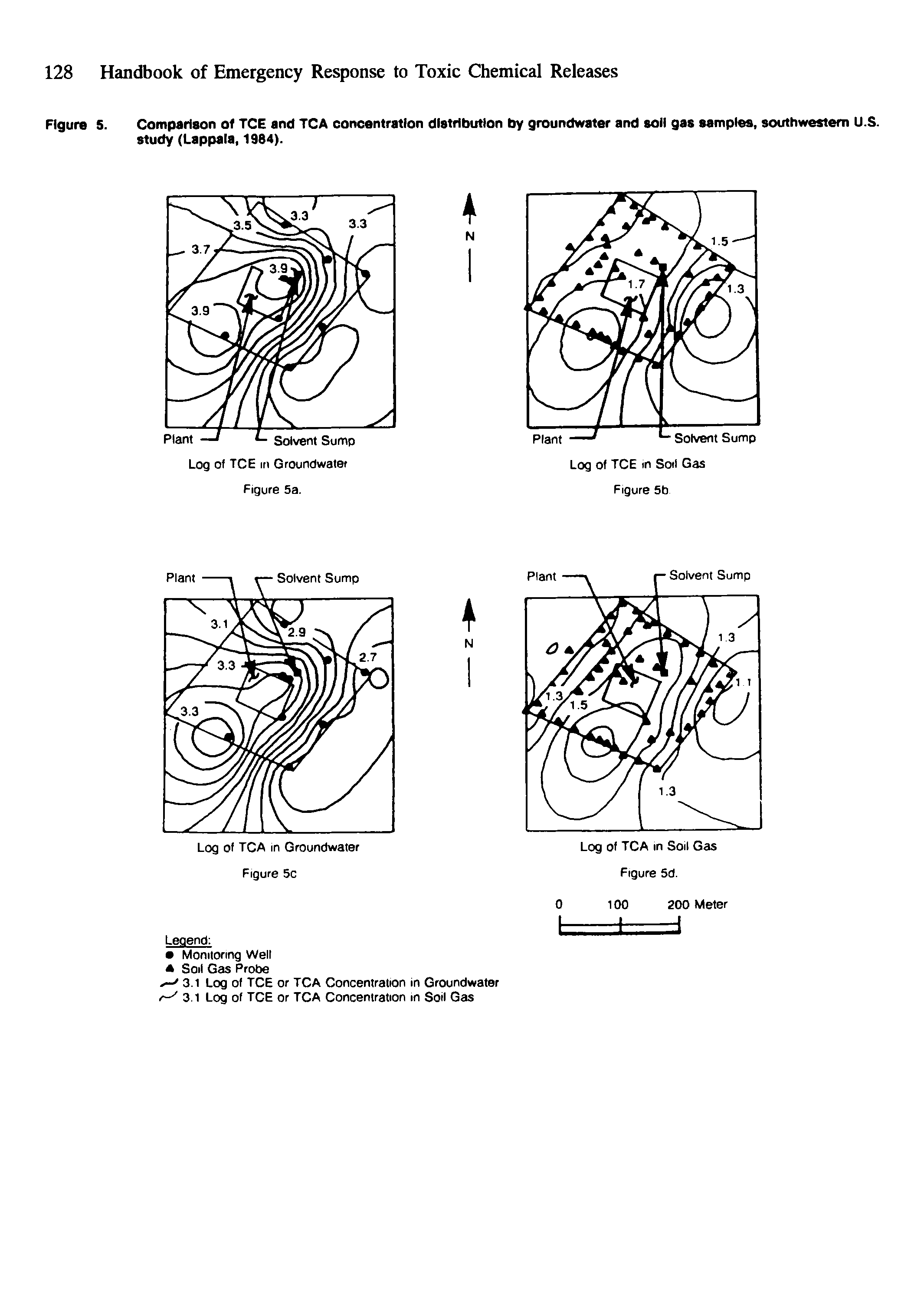 Figure 5. Comparison of TCE and TCA concentration distribution by groundwater and soii gas sampies, southwestern U.S. study (Lappaia, 1984).