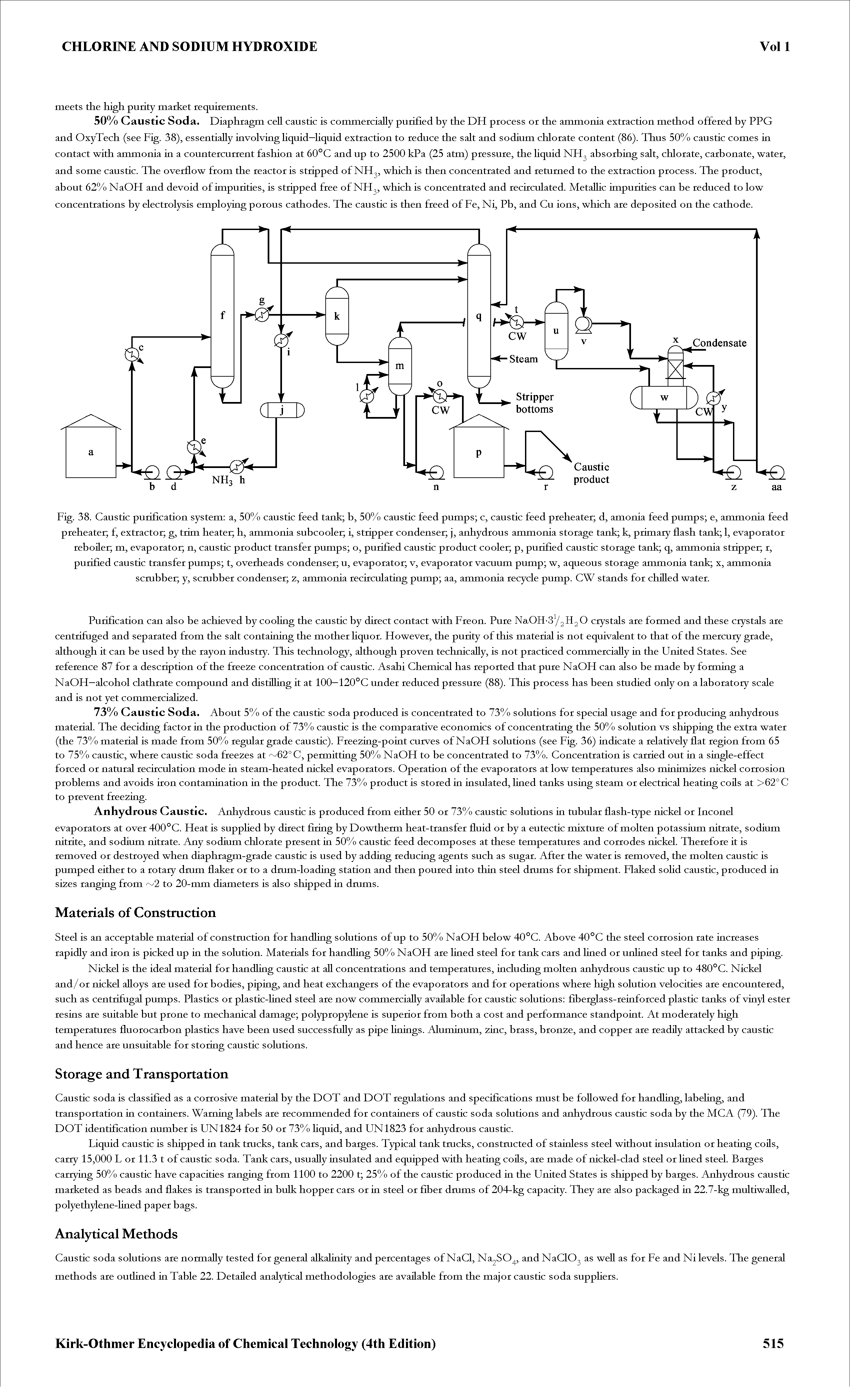 Fig. 38. Caustic purification system a, 50% caustic feed tank b, 50% caustic feed pumps c, caustic feed preheater d, amonia feed pumps e, ammonia feed preheater f, extractor g, trim heater h, ammonia subcooler i, stripper condenser j, anhydrous ammonia storage tank k, primary flash tank 1, evaporator reboiler m, evaporator n, caustic product transfer pumps o, purified caustic product cooler p, purified caustic storage tank q, ammonia stripper r, purified caustic transfer pumps t, overheads condenser u, evaporator v, evaporator vacuum pump w, aqueous storage ammonia tank x, ammonia scmbber y, scmbber condenser 2, ammonia recirculating pump aa, ammonia recycle pump. CW stands for chilled water.