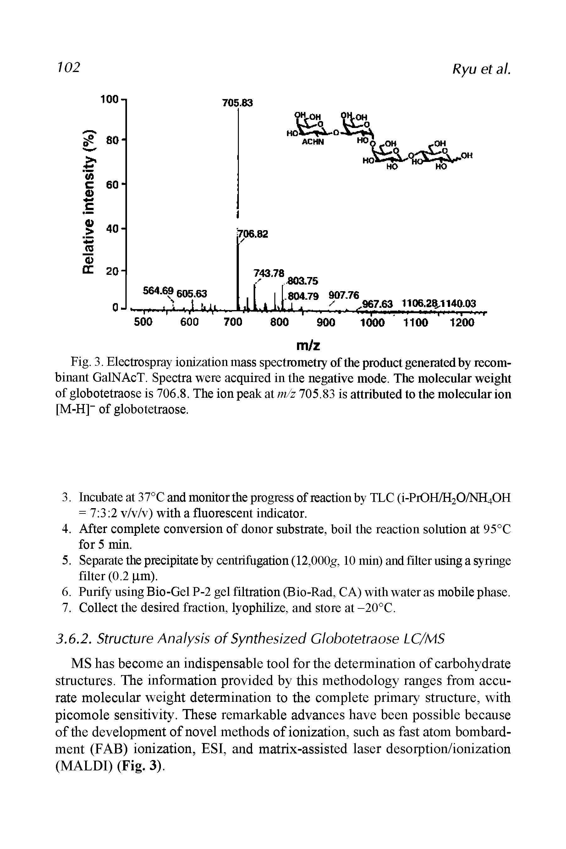 Fig. 3. Electro spray ionization mass spectrometry of the product generated by recombinant GalNAcT. Spectra were acquired in the negative mode. The molecular weight of globotetraose is 706.8. The ion peak at m/z 705.83 is attributed to the molecular ion M-H] of globotetraose.