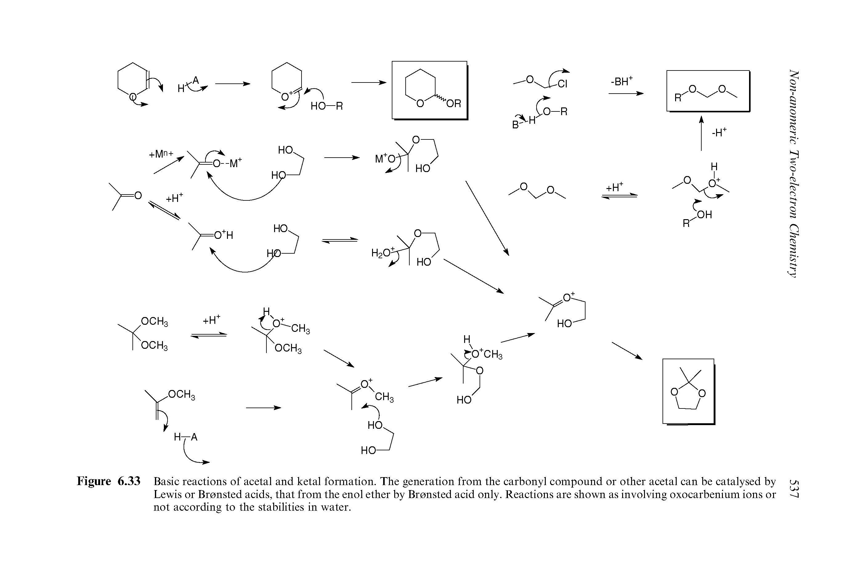 Figure 6.33 Basic reactions of acetal and ketal formation. The generation from the carbonyl compound or other acetal can be catalysed by Lewis or Bronsted acids, that from the enol ether by Bronsted acid only. Reactions are shown as involving oxocarbenium ions or not according to the stabilities in water.