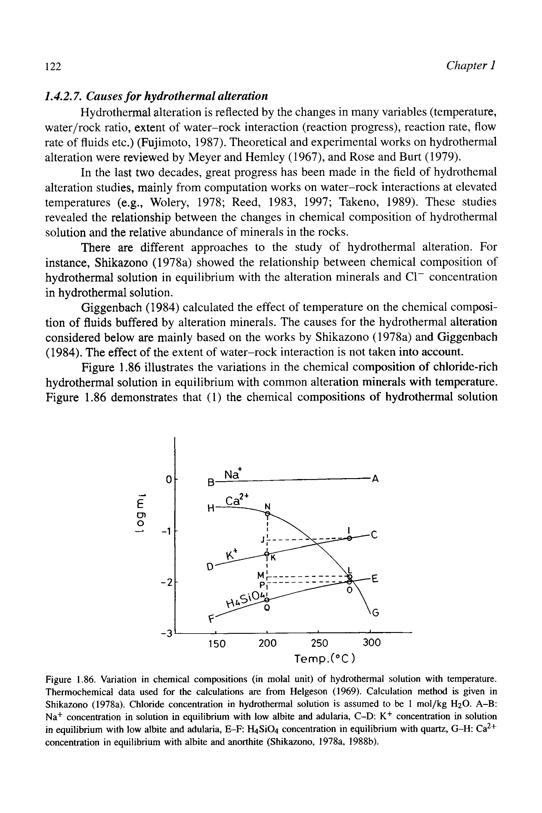 Figure 1.86. Variation in chemical compositions (in molal unit) of hydrothermal solution with temperature. Thermochemical data used for the calculations are from Helgeson (1969). Calculation method is given in Shikazono (1978a). Chloride concentration in hydrothermal solution is assumed to be 1 mol/kg H2O. A-B Na concentration in solution in equilibrium with low albite and adularia, C-D K concentration in solution in equilibrium with low albite and adularia, E-F HaSiOa concentration in equilibrium with quartz, G-H Ca + concentration in equilibrium with albite and anorthite (Shikazono, 1978a, 1988b).