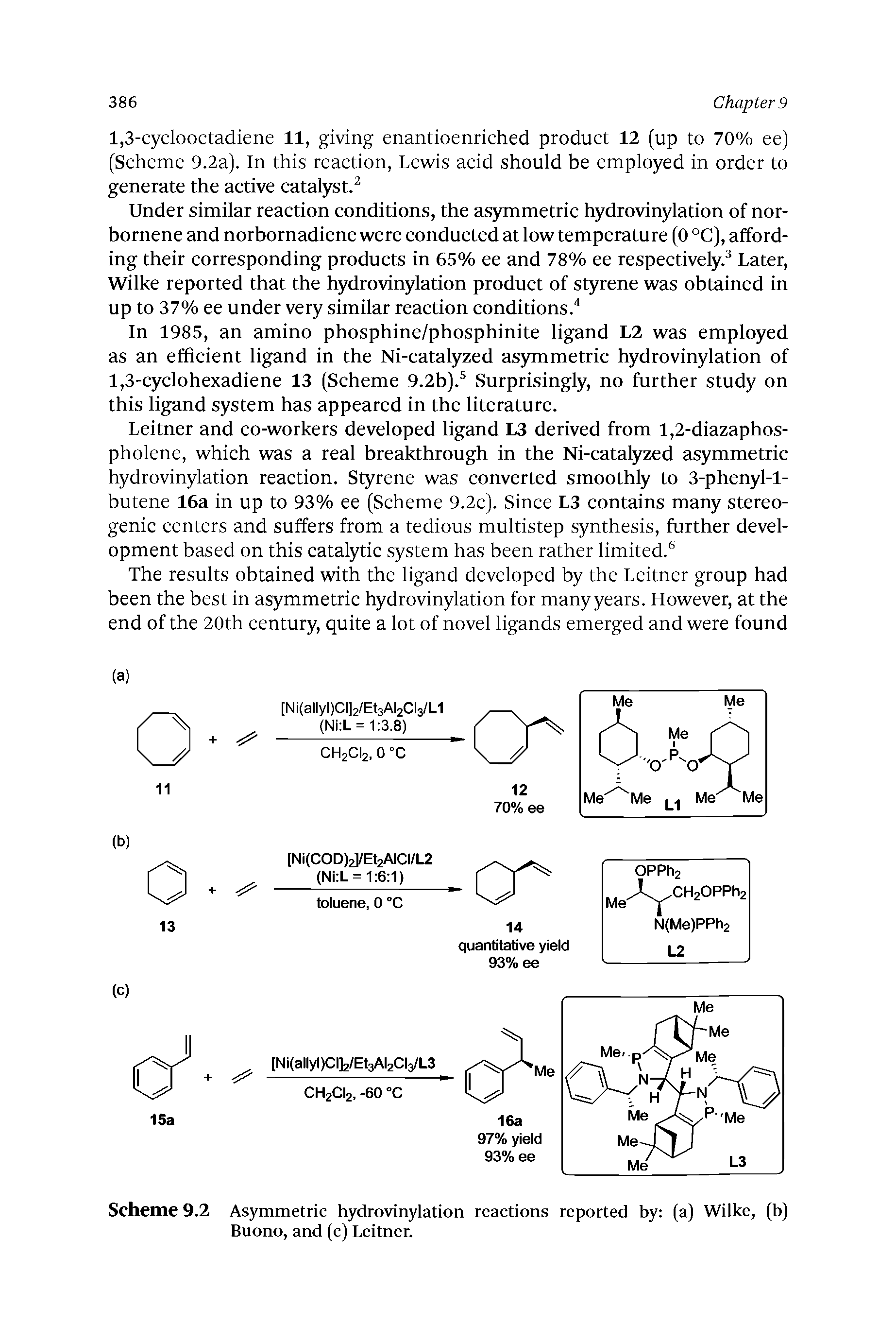 Scheme 9.2 Asymmetric hydrovinylation reactions reported by (a) Wilke, (b) Buono, and (c) Leitner.