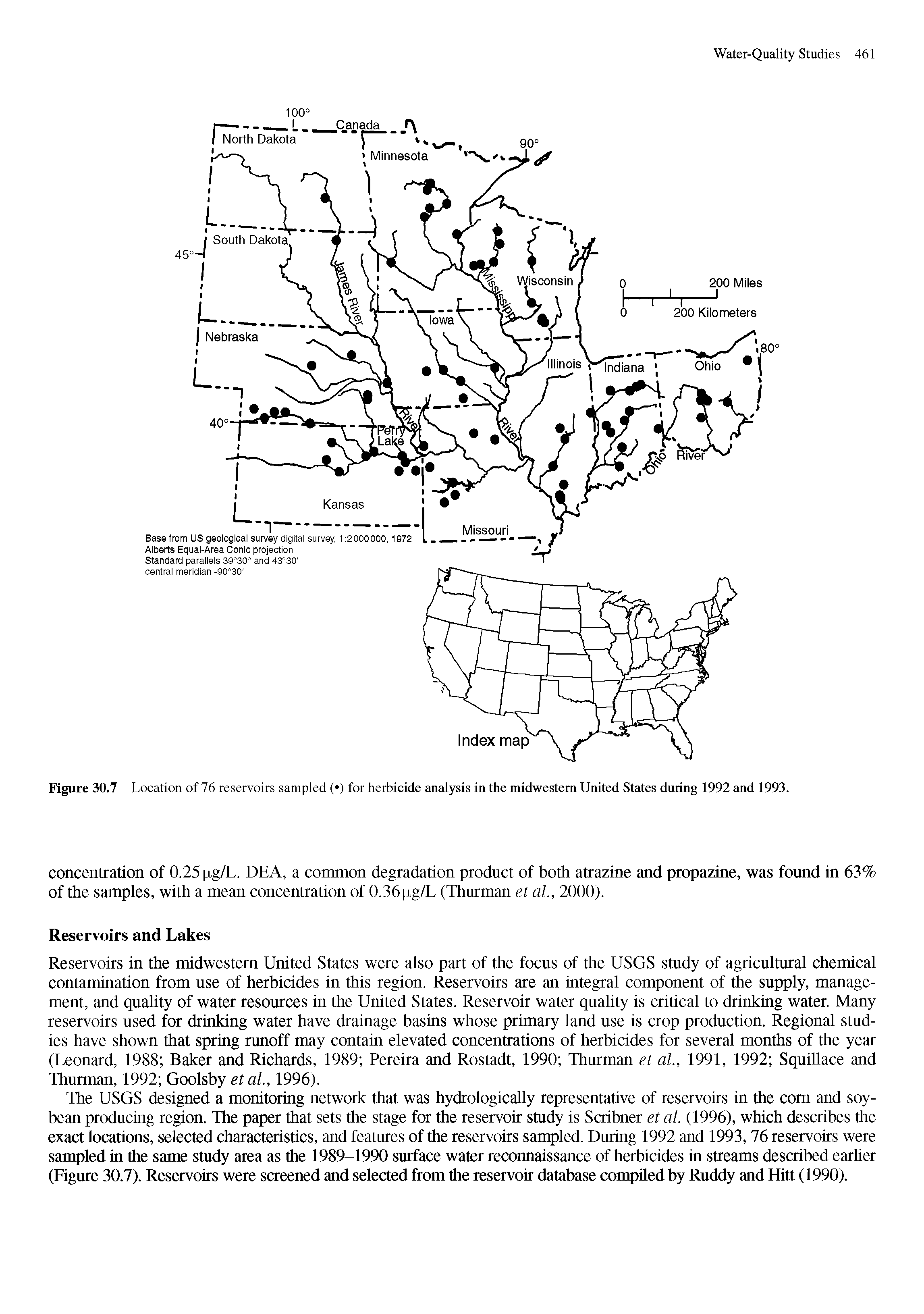 Figure 30.7 Location of 76 reservoirs sampled ( ) for herbicide analysis in the midwestem United States during 1992 and 1993.