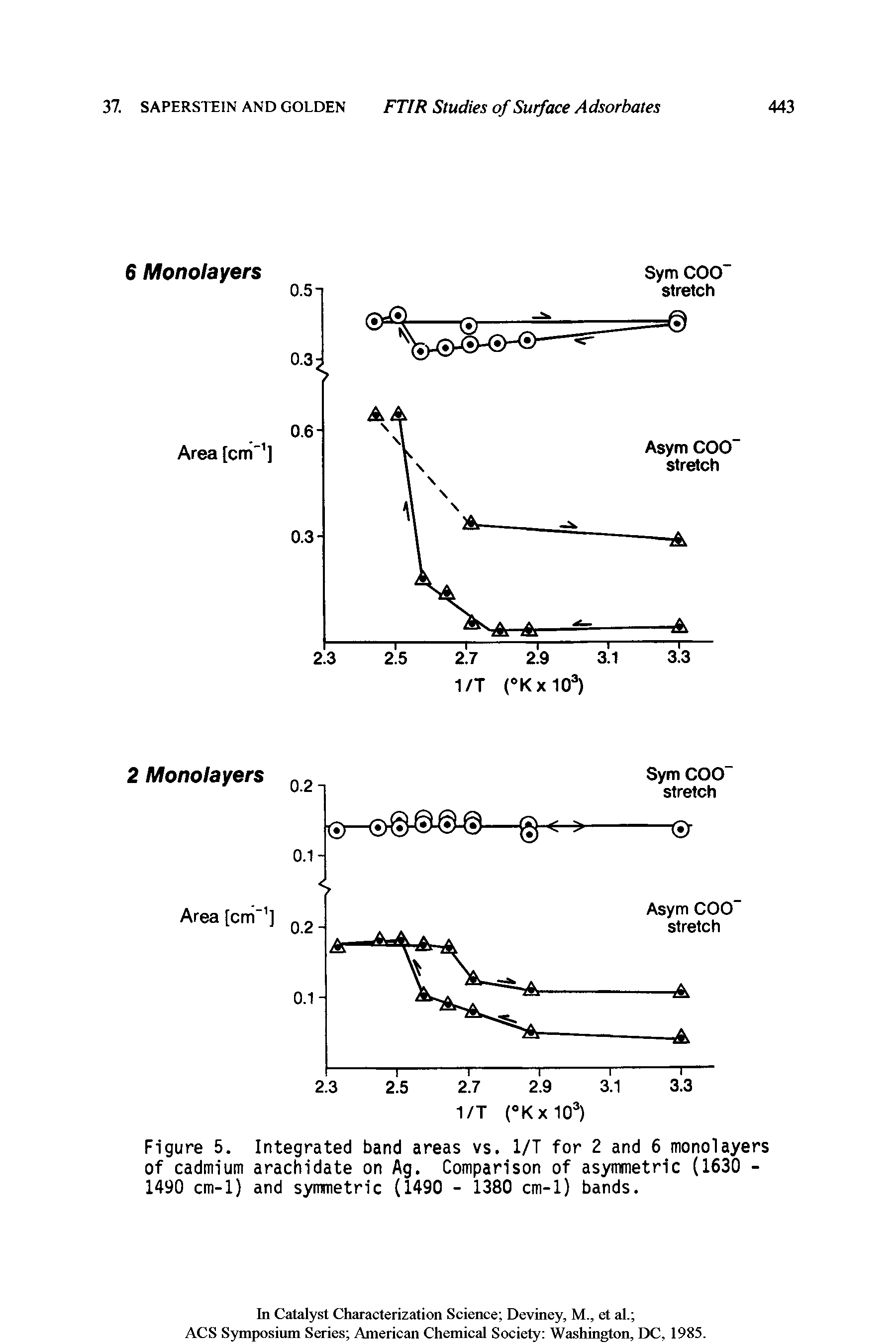 Figure 5. Integrated band areas vs. 1/T for 2 and 6 monolayers of cadmium arachidate on Ag. Comparison of asymmetric (1630 -1490 cm-1) and symmetric (1490 - 1380 cm-1) bands.