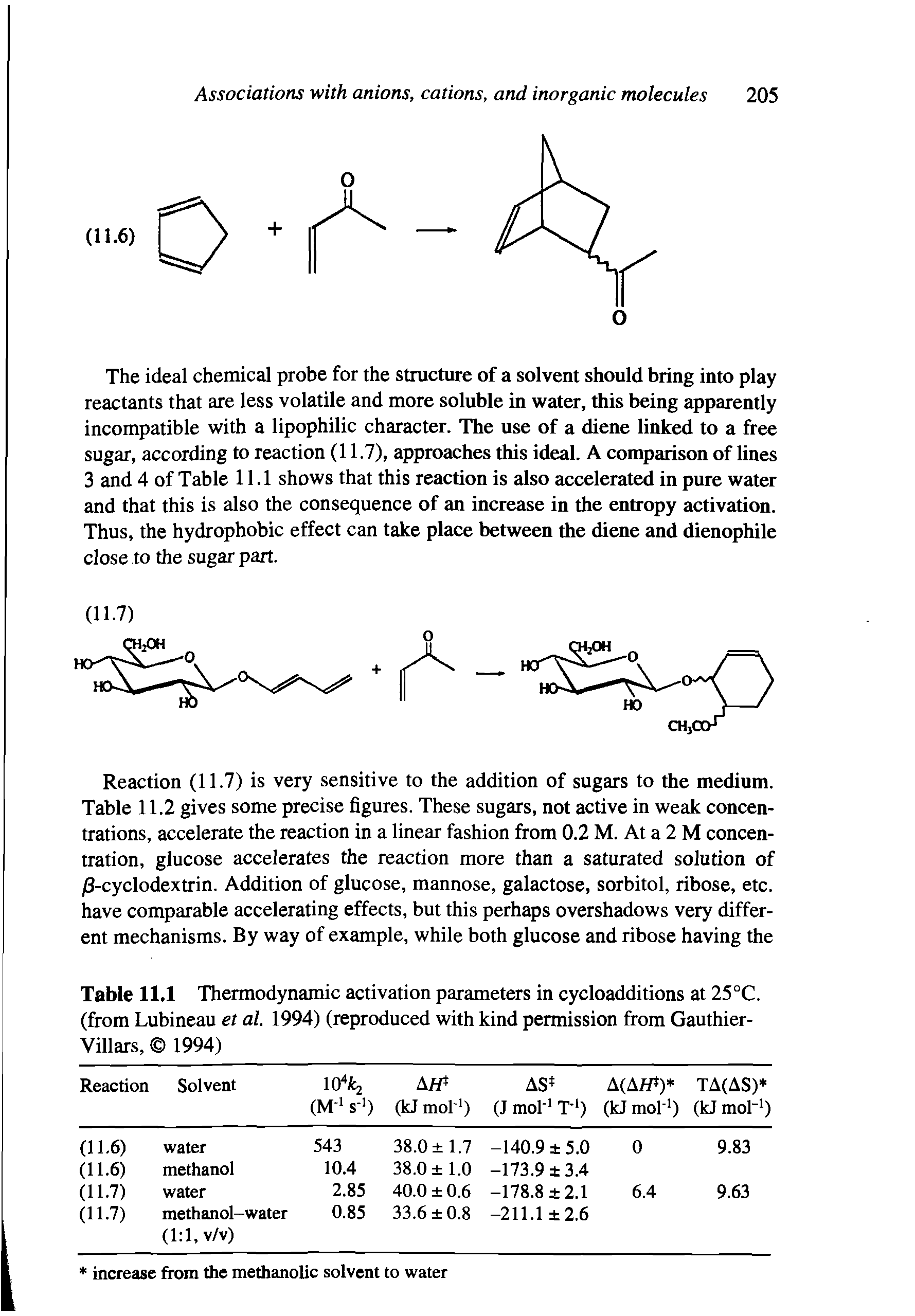 Table 11.1 Thermodynamic activation parameters in cycloadditions at 25°C. (from Lubineau et al. 1994) (reproduced with kind permission from Gauthier-Villars, 1994)...