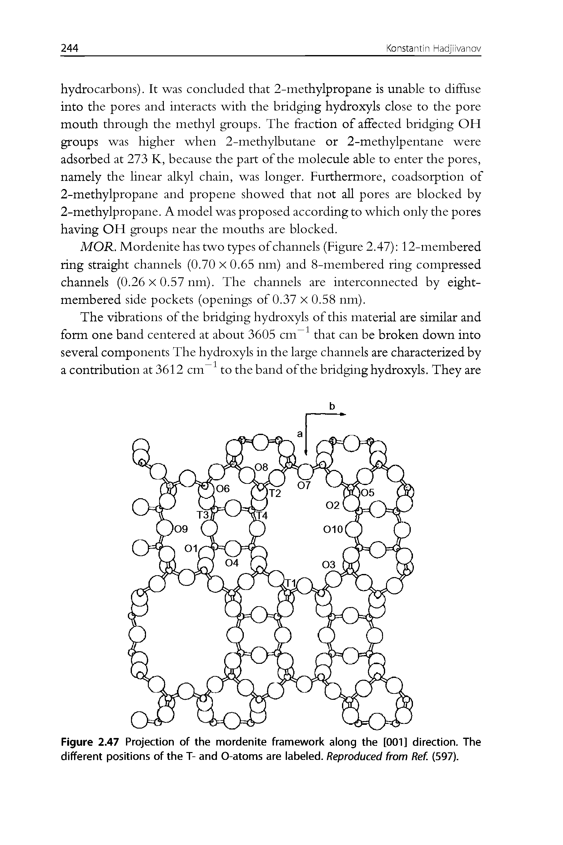 Figure 2.47 Projection of the mordenite framework along the [001] direction. The different positions of the T- and 0-atoms are labeled. Reproduced from Ref. (597).