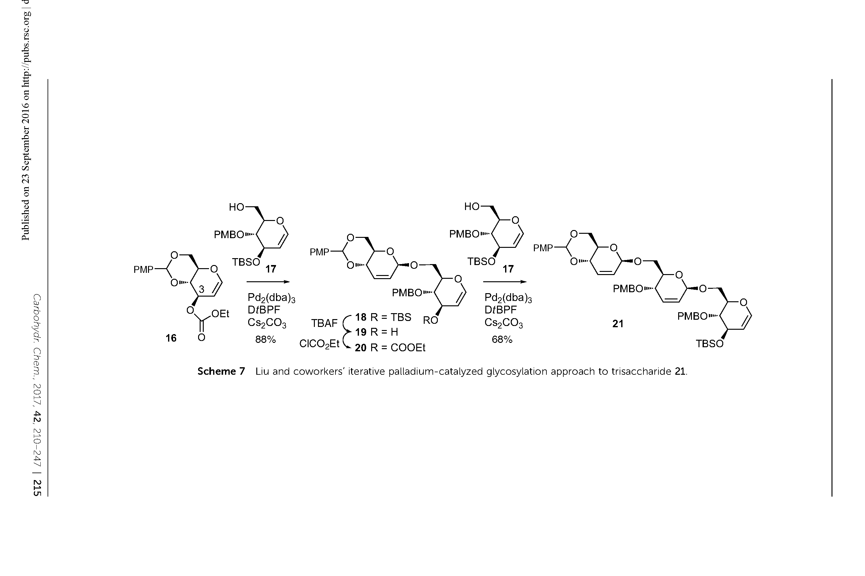Scheme 7 Liu and coworkers iterative palladium-catalyzed glycosylation approach to trisaccharide 21.