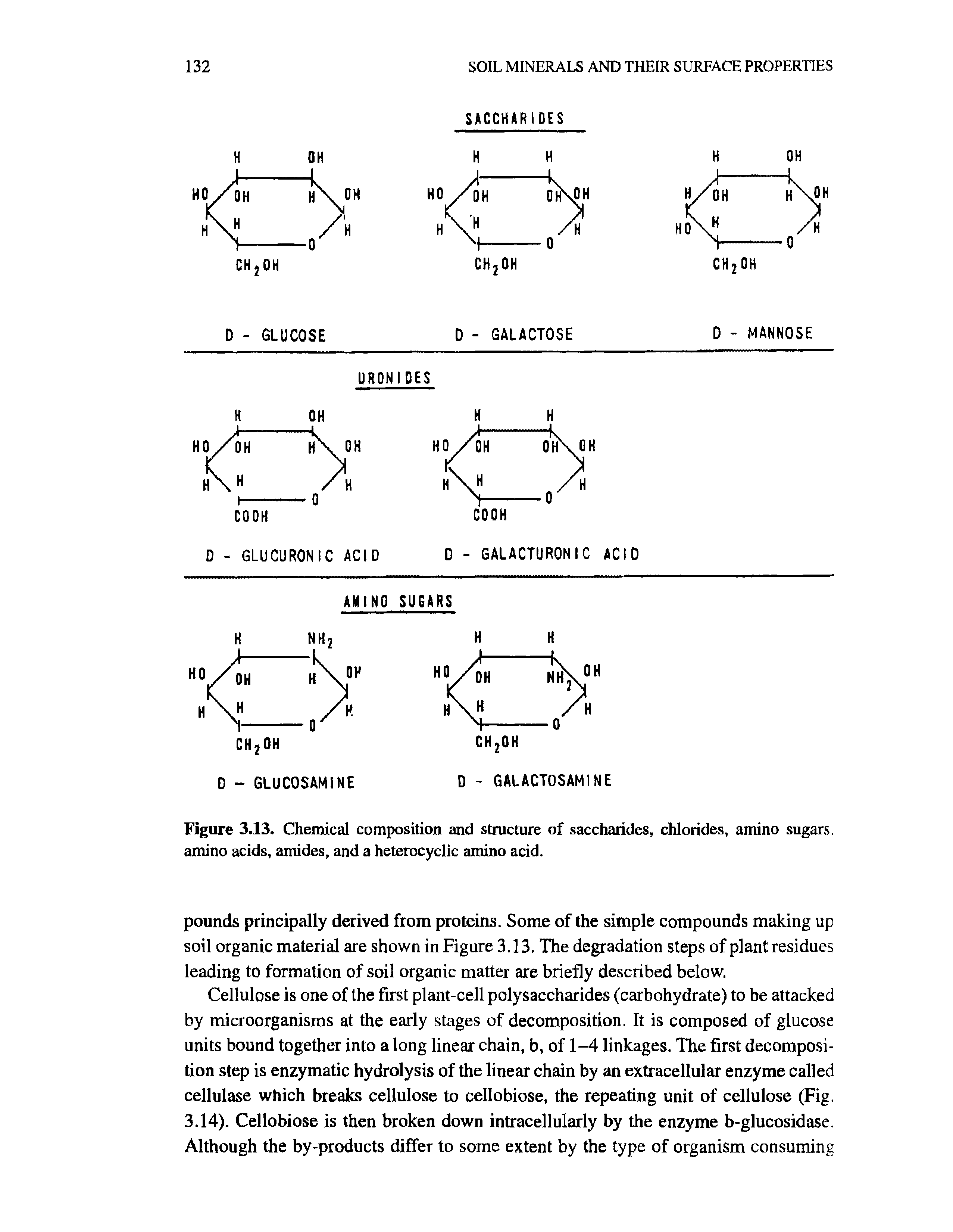 Figure 3.13. Chemical composition and structure of saccharides, chlorides, amino sugars, amino acids, amides, and a heterocyclic amino acid.