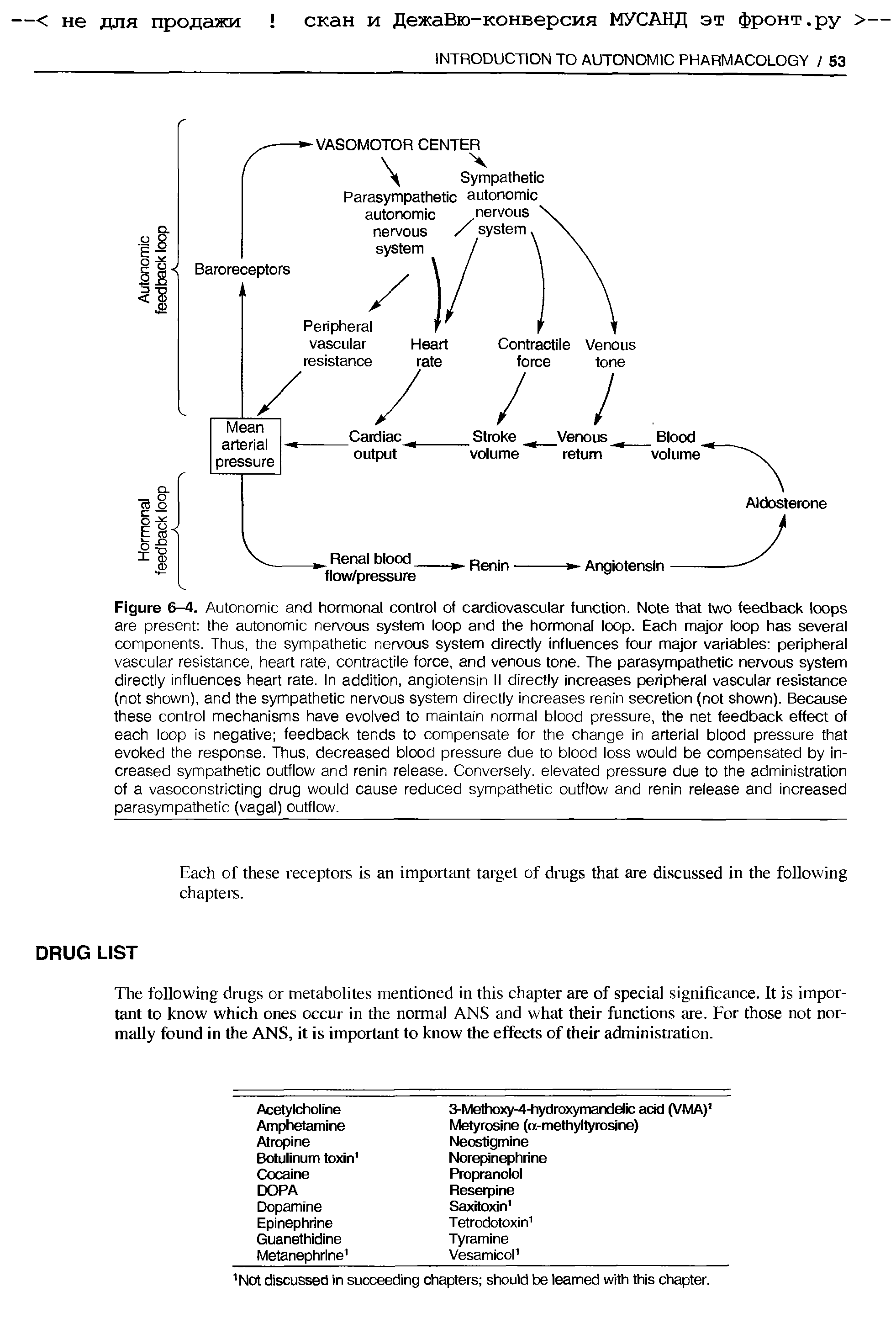 Figure 6-4. Autonomic and hormonal control of cardiovascular function. Note that two feedback loops are present the autonomic nervous system loop and the hormonal loop. Each major loop has several components. Thus, the sympathetic nervous system directly influences four major variables peripheral vascular resistance, heart rate, contractile force, and venous tone. The parasympathetic nervous system directly influences heart rate. In addition, angiotensin II directly increases peripheral vascular resistance (not shown), and the sympathetic nervous system directly increases renin secretion (not shown). Because these control mechanisms have evolved to maintain normal blood pressure, the net feedback effect of each loop is negative feedback tends to compensate for the change in arterial blood pressure that evoked the response. Thus, decreased blood pressure due to blood loss would be compensated by increased sympathetic outflow and renin release. Conversely, elevated pressure due to the administration of a vasoconstricting drug would cause reduced sympathetic outflow and renin release and increased parasympathetic (vagal) outflow.