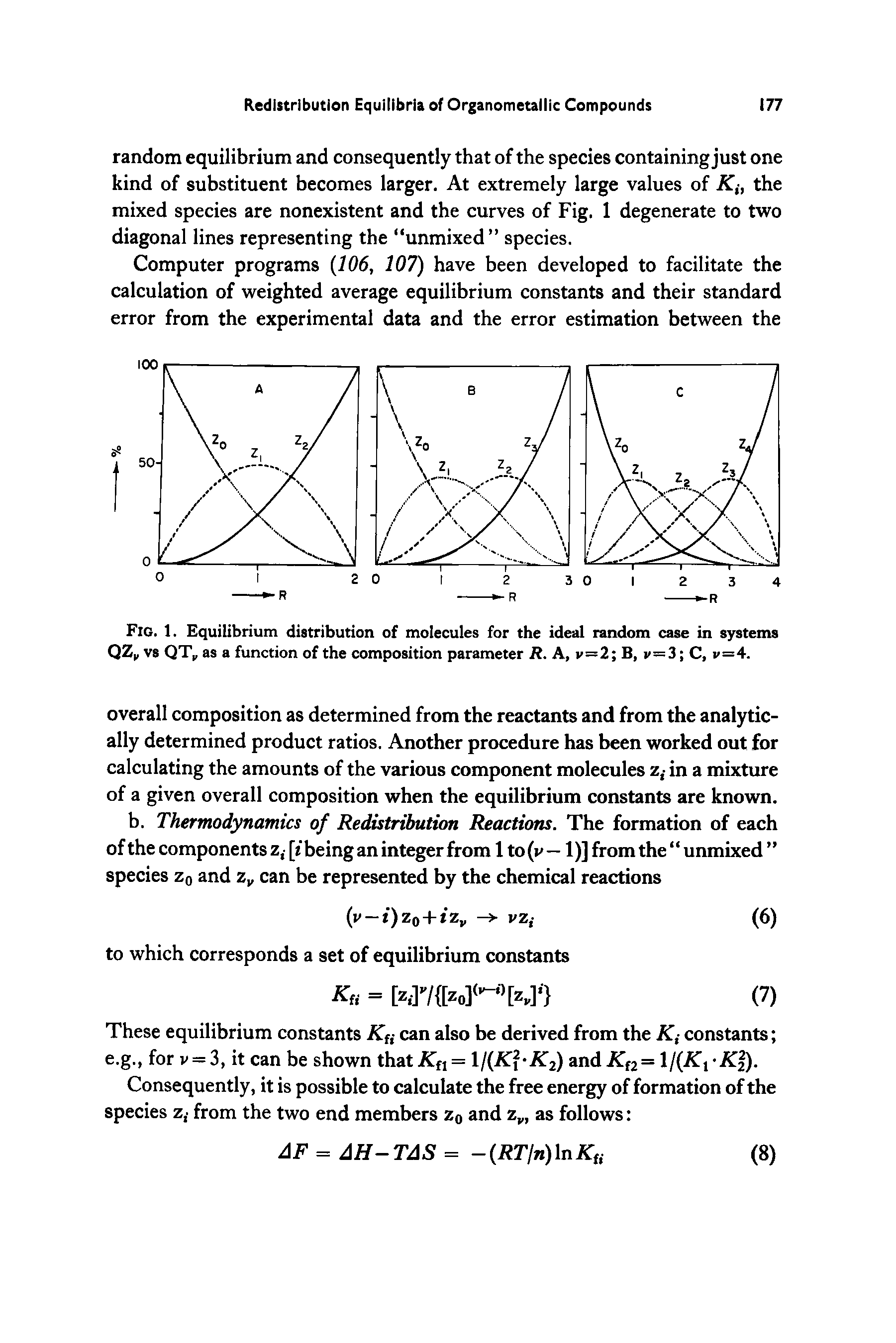 Fig. 1. Equilibrium distribution of molecules for the ideal random case in systems QZV vs QT as a function of the composition parameter R. A, v=2 B, v=3 C, v=4.