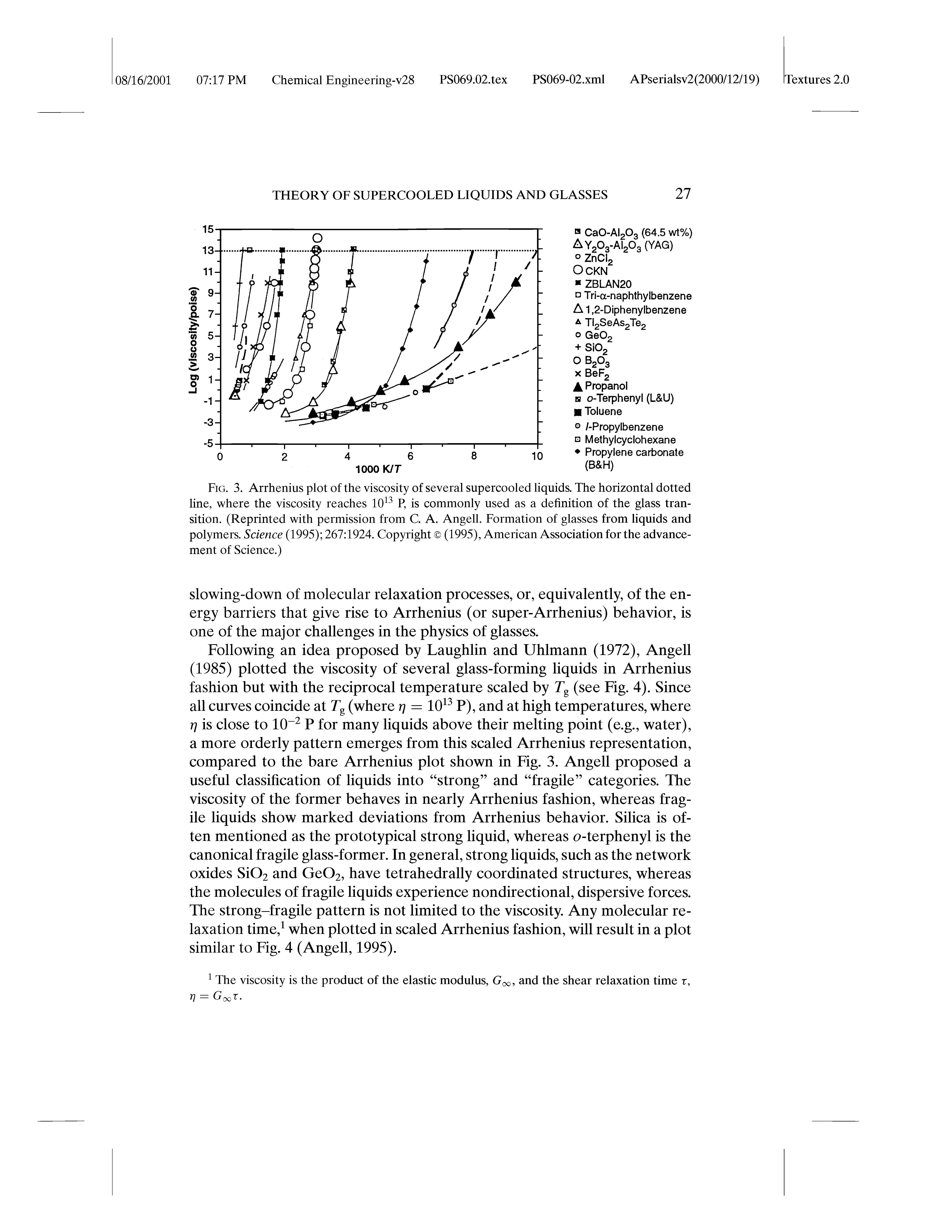 Fig. 3. Arrhenius plot of the viscosity of several supercooled liquids. The horizontal dotted line, where the viscosity reaches 10 P, is commonly used as a definition of the glass transition. (Reprinted with permission from C. A. Angell. Formation of glasses from liquids and polymers. Science (1995) 267 1924. Copyright (1995), American Association for the advancement of Science.)...