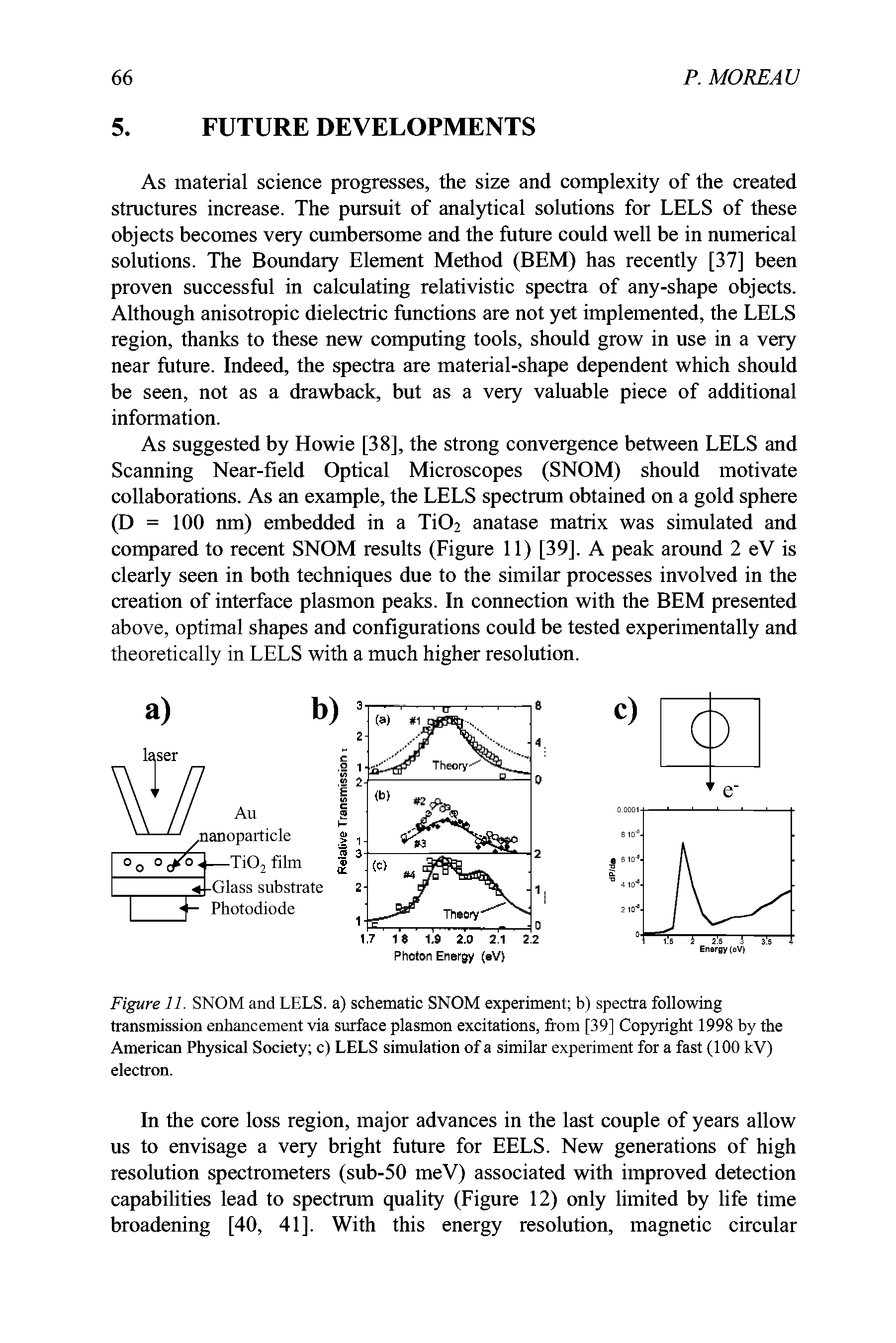 Figure 11. SNOM and LELS. a) schematic SNOM experiment b) spectra following transmission enhancement via surface plasmon excitations, from [39] Copyright 1998 by the American Physical Society c) LELS simulation of a similar experiment for a fast (100 kV) electron.