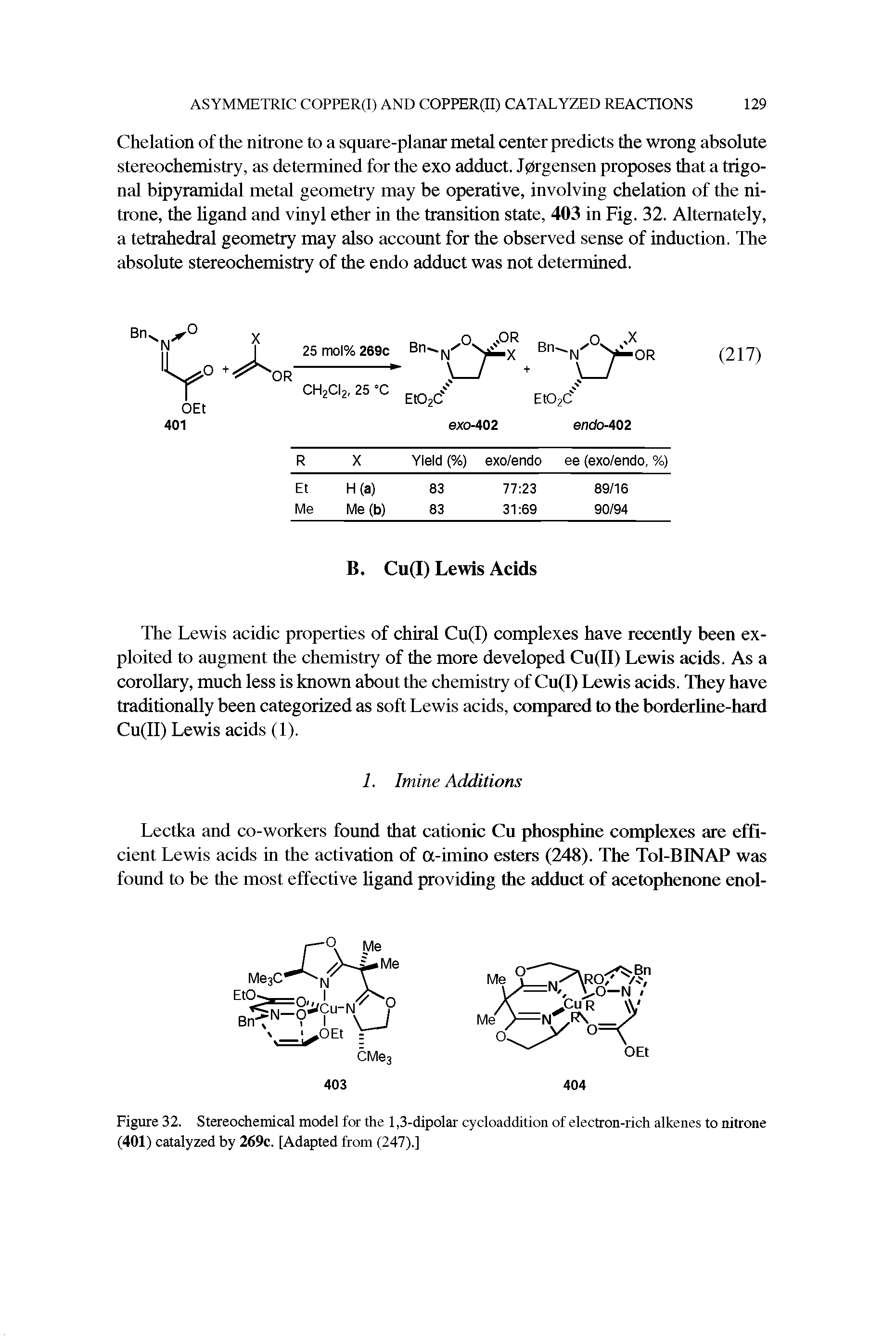 Figure 32. Stereochemical model for the 1,3-dipolar cycloaddition of electron-rich alkenes to nitrone (401) catalyzed by 269c. [Adapted from (247).]...