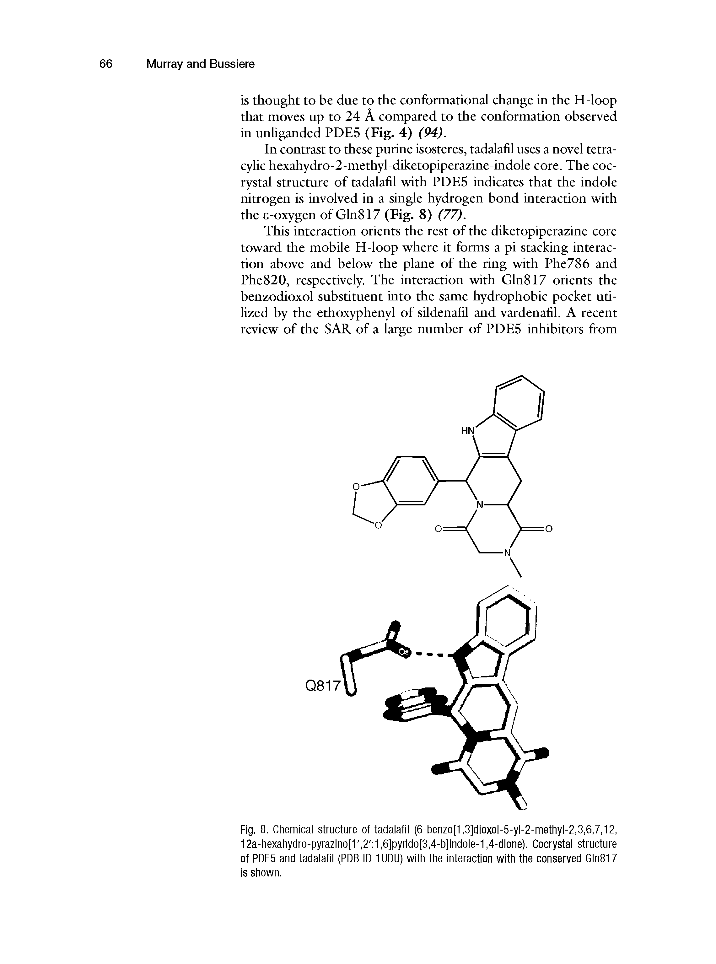 Fig. 8. Chemical structure of tadalafil (6-benzo[1,3]dioxol-5-yl-2-methyl-2,3,6,7,12, 12a-hexahydro-pyrazino[1, 2 1,6]pyrido[3,4-b]indole-1,4-dione). Cocrystal structure of PDE5 and tadalafil (PDB ID 1UDU) with the interaction with the conserved Gln817 is shown.