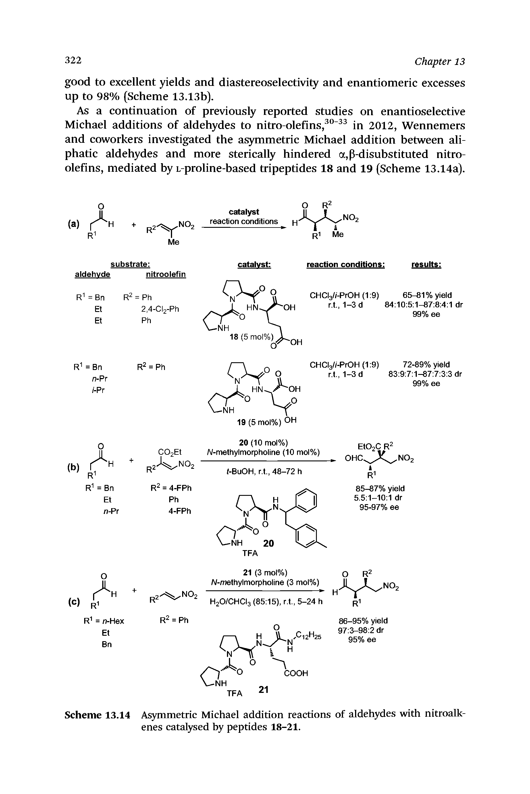 Scheme 13.14 Asymmetric Michael addition reactions of aldehydes with nitroalk-enes catalysed by peptides 18-21.