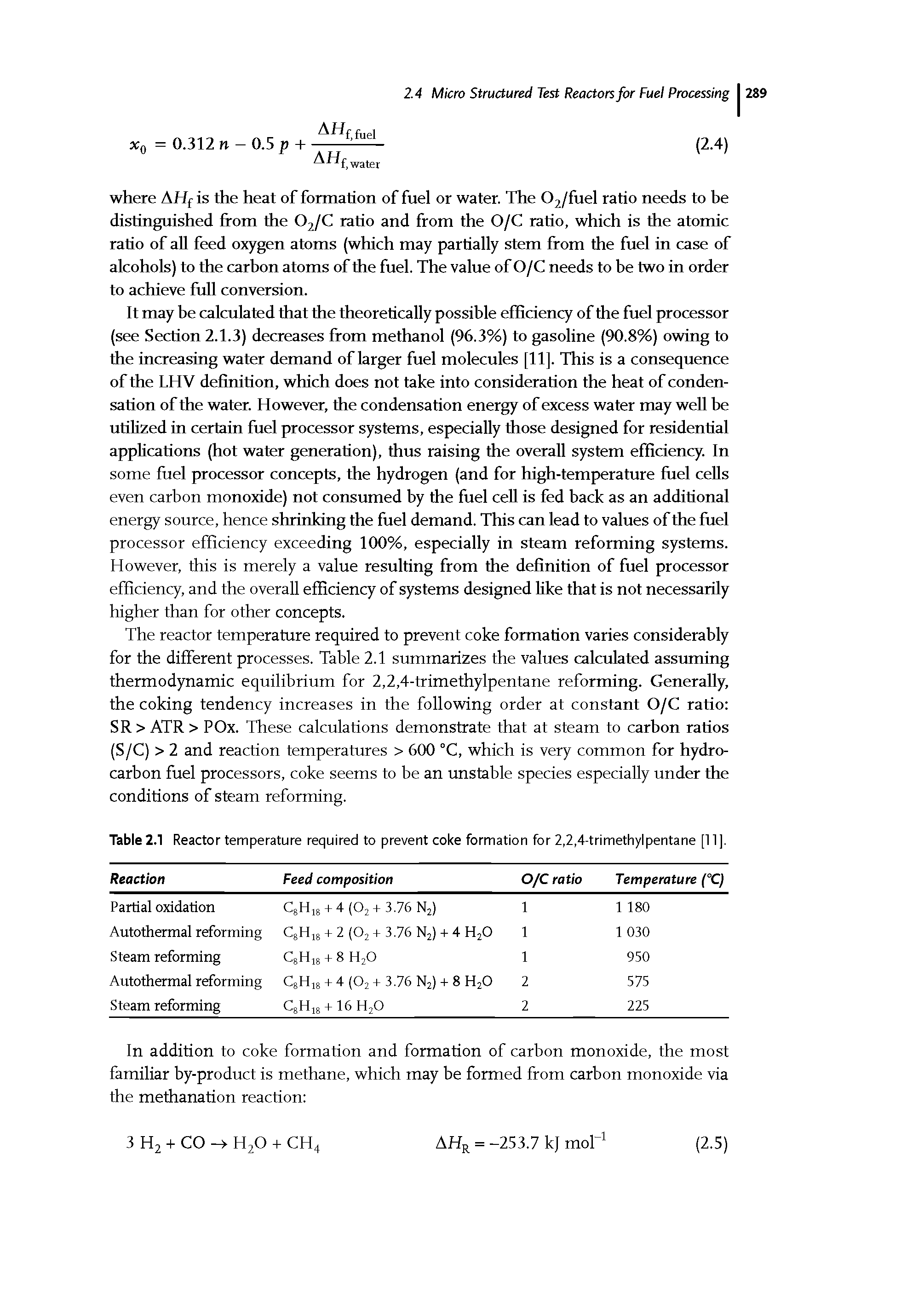 Table 2.1 Reactor temperature required to prevent coke formation for 2,2,4-trimethylpentane [11],...