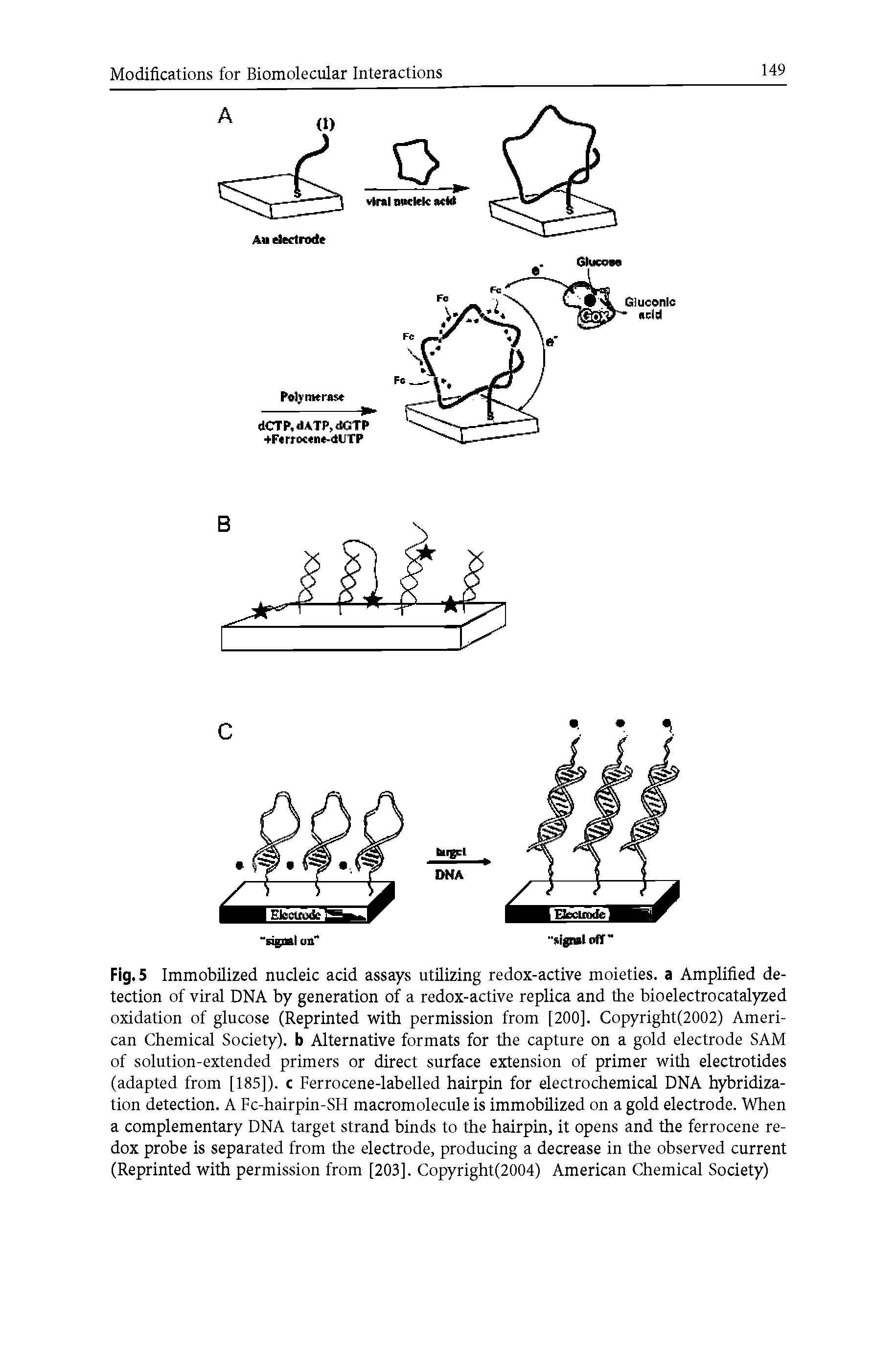 Fig. 5 Immobilized nucleic acid assays utilizing redox-active moieties, a Amplified detection of viral DNA by generation of a redox-active replica and the bioelectrocatalyzed oxidation of glucose (Reprinted with permission from [200]. Copyright(2002) American Chemical Society), b Alternative formats for the capture on a gold electrode SAM of solution-extended primers or direct surface extension of primer with electrotides (adapted from [185]). c Ferrocene-labelled hairpin for electrochemical DNA hybridization detection. A Fc-hairpin-SH macromolecule is immobilized on a gold electrode. When a complementary DNA target strand binds to the hairpin, it opens and the ferrocene redox probe is separated from the electrode, producing a decrease in the observed current (Reprinted with permission from [203], Copyright(2004) American Chemical Society)...