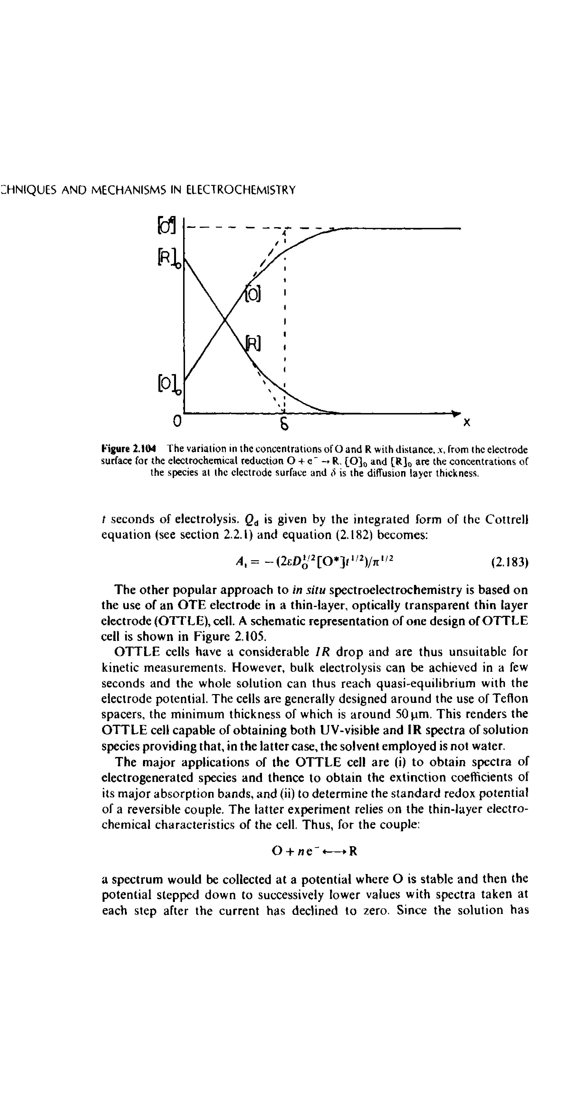 Figure 2.IW The variation in the concentrations of O and R with distance, x, from the electrode surface for the electrochemical reduction O + e " -+ R, EO]0 and [RJt) are the concentrations of the species at the electrode surface and is the diffusion layer thickness.