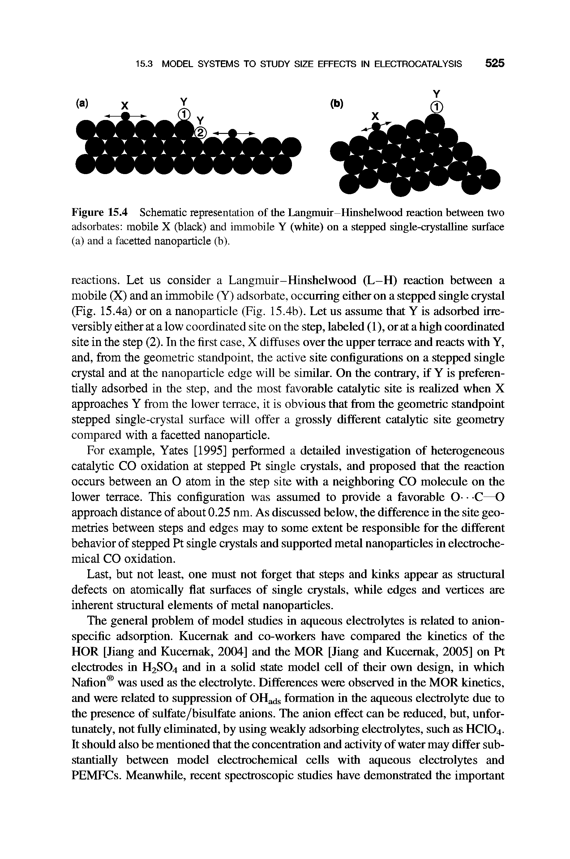 Figure 15.4 Schematic representation of the Langmuir-Hinshelwood reaction between two adsorbates mobile X (black) and immobile Y (white) on a stepped single-crystalline surface (a) and a facetted nanoparticle (b).