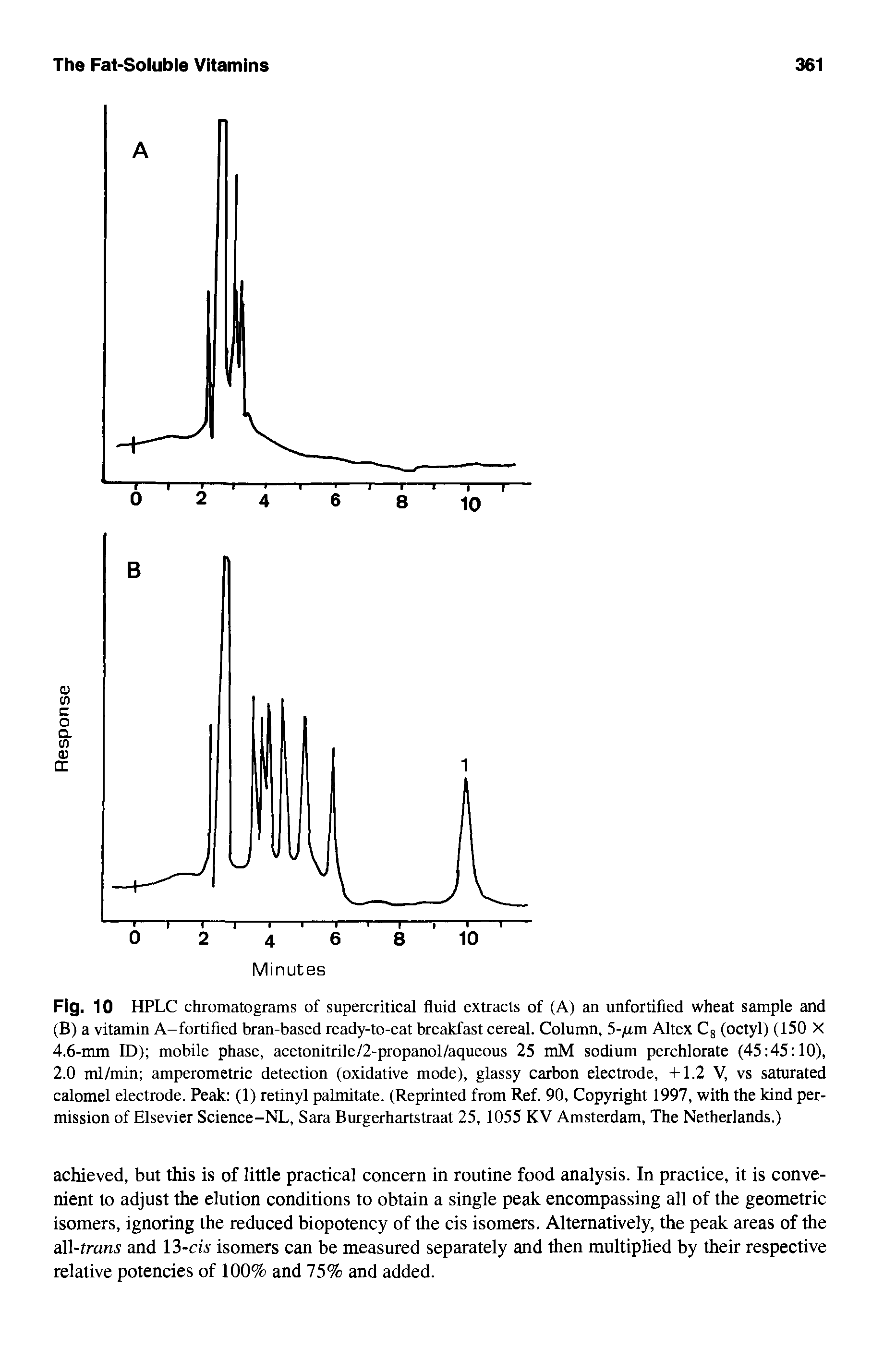 Fig. 10 HPLC chromatograms of supercritical fluid extracts of (A) an unfortified wheat sample and (B) a vitamin A-fortified bran-based ready-to-eat breakfast cereal. Column, 5-/rm Altex C8 (octyl) (150 X 4.6-mm ID) mobile phase, acetonitrile/2-propanol/aqueous 25 mM sodium perchlorate (45 45 10), 2.0 ml/min amperometric detection (oxidative mode), glassy carbon electrode, +1.2 V, vs saturated calomel electrode. Peak (1) retinyl palmitate. (Reprinted from Ref. 90, Copyright 1997, with the kind permission of Elsevier Science-NL, Sara Burgerhartstraat 25, 1055 KV Amsterdam, The Netherlands.)...