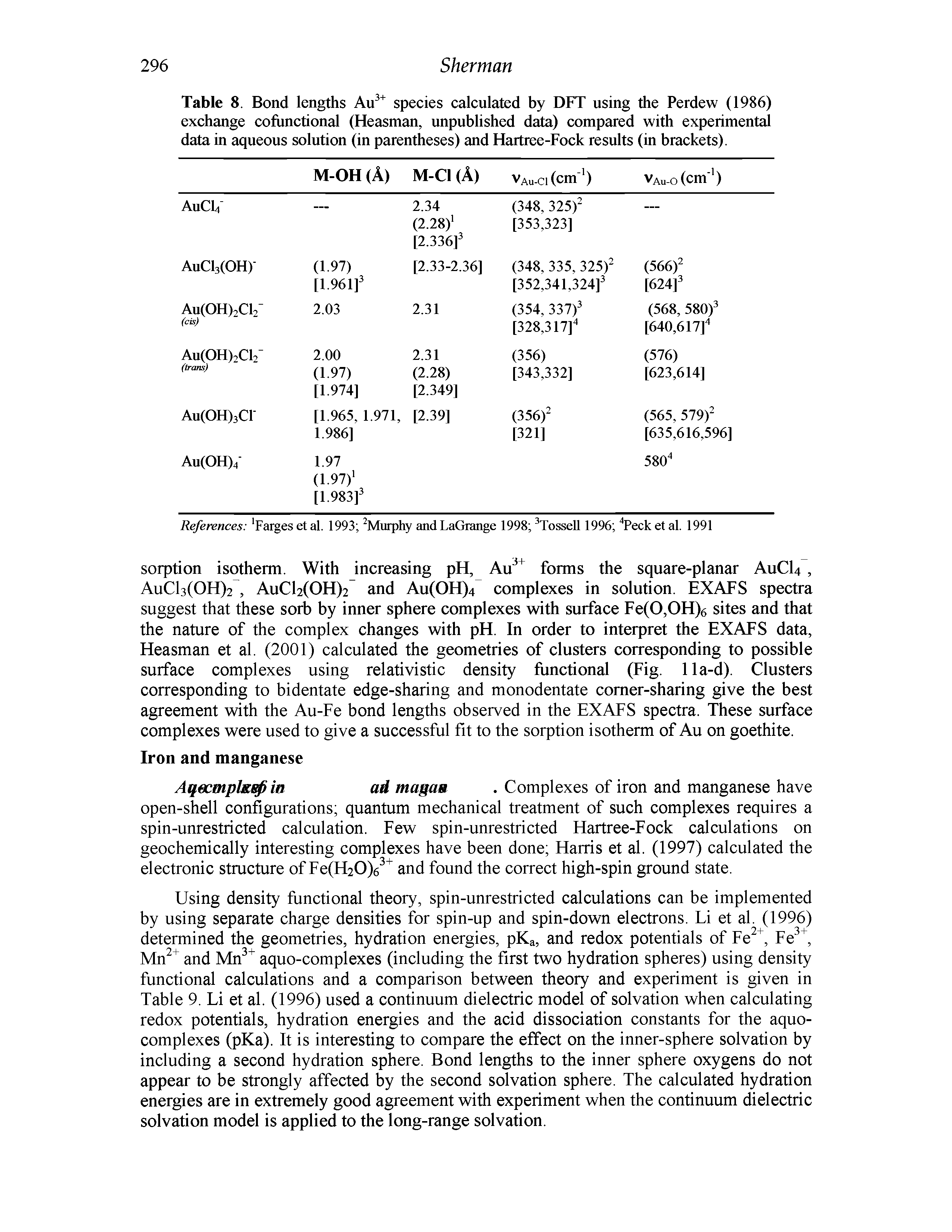 Table 8. Bond lengths species calculated by DFT using the Perdew (1986) exchange cofiinctional (Heasman, unpublished data) compared with experimental data in aqueous solution (in parentheses) and Hartree-Fock results (in brackets).