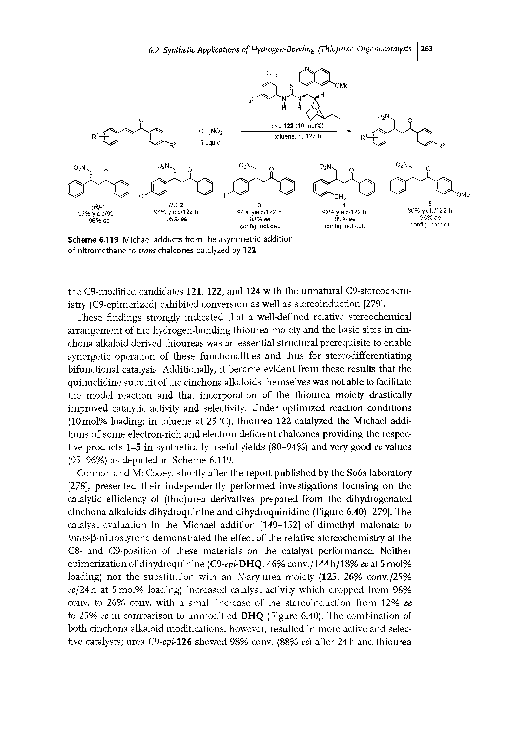 Scheme 6.119 Michael adducts from the asymmetric addition of nitromethane to trans-chalcones catalyzed by 122.