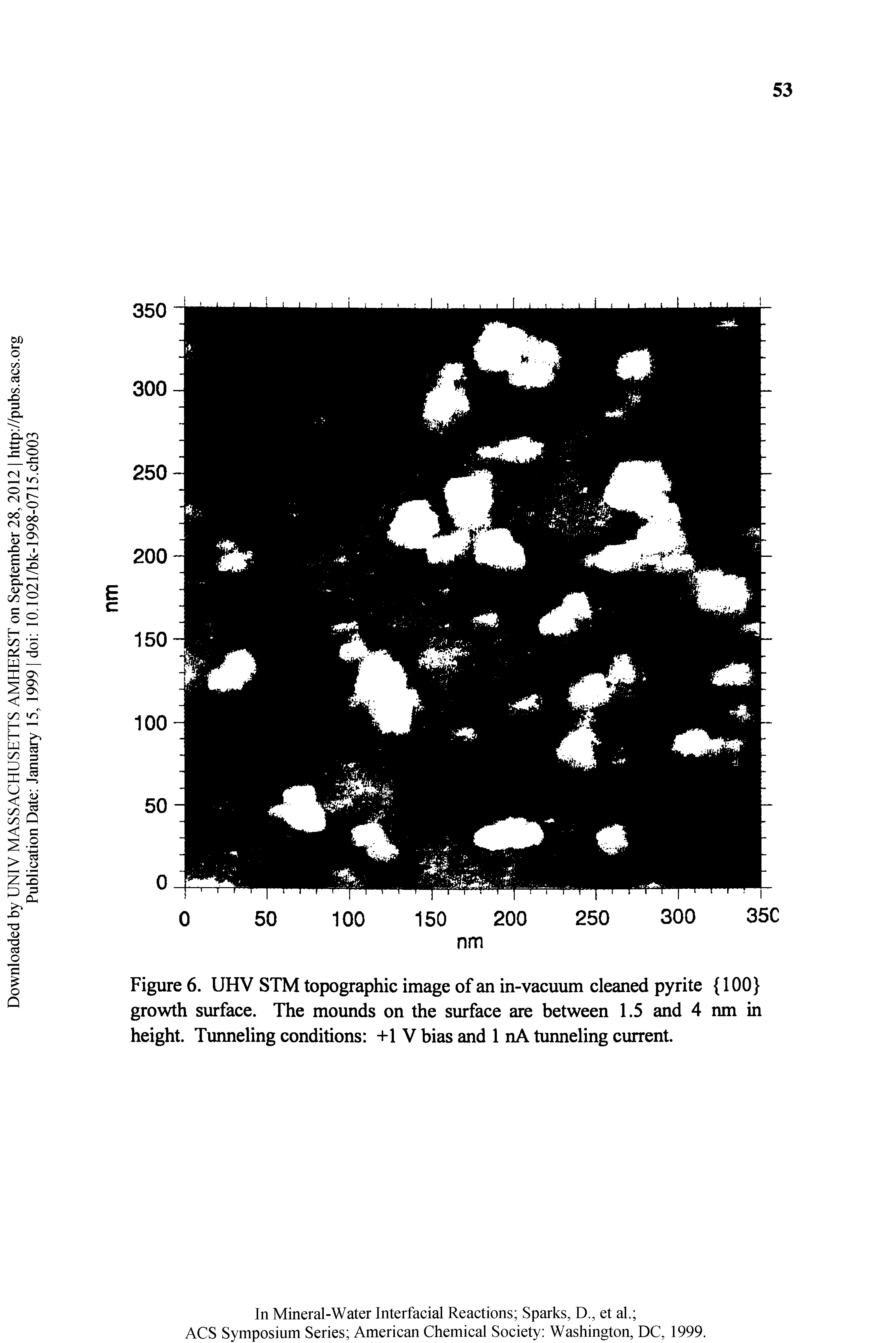 Figure 6. UHV STM topographic image of an in-vacuum cleaned pyrite 100 growth surface. The mounds on the surface are between 1.5 and 4 run in height. Tuimeling conditions +1 V bias and 1 nA tuimeling current.