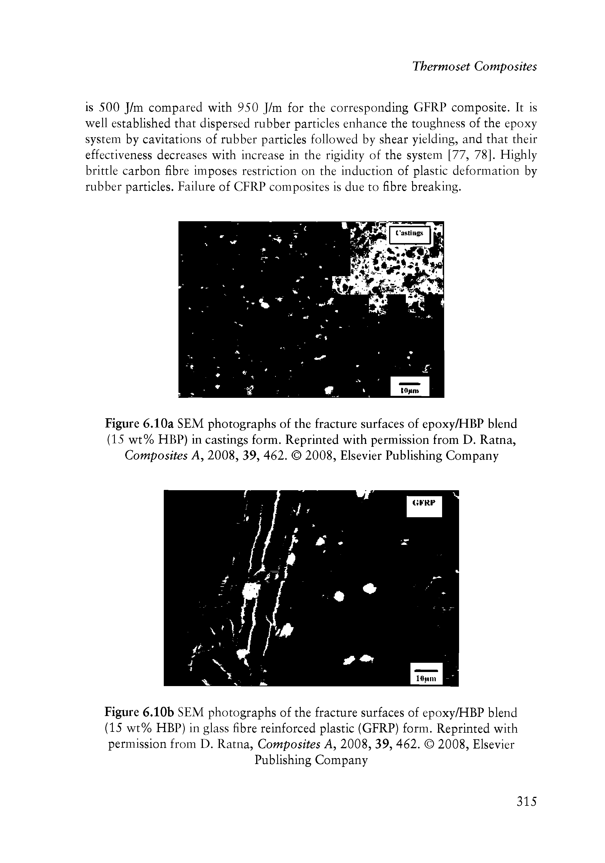 Figure 6.10b SEM photographs of the fracture surfaces of epoxy/HBP blend (15 wt% HBP) in glass fibre reinforced plastic (GFRP) form. Reprinted with permission from D. Ratna, Composites A, 2008, 39, 462. 2008, Elsevier...