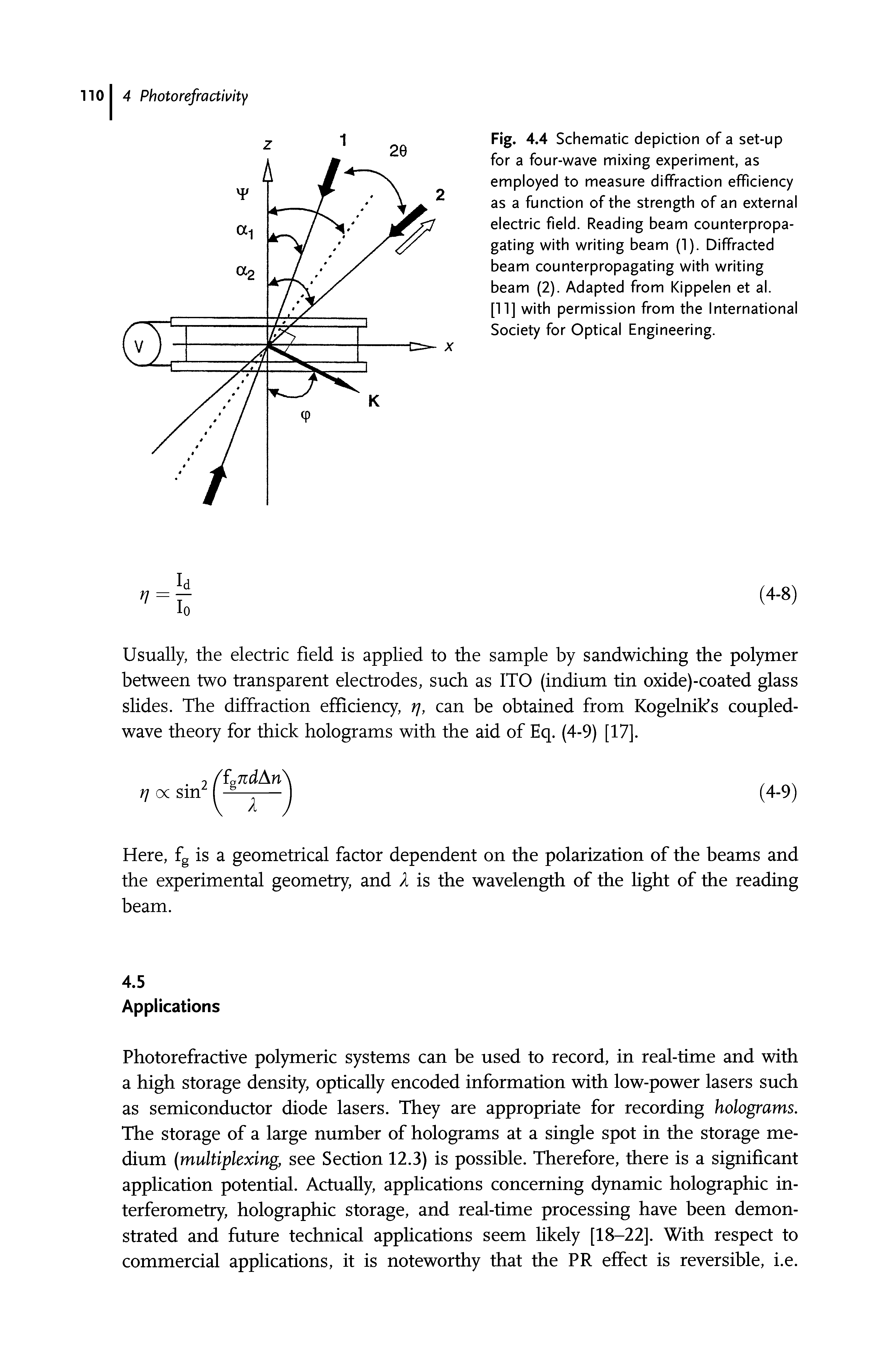 Fig. 4.4 Schematic depiction of a set-up for a four-wave mixing experiment, as employed to measure diffraction efficiency as a function of the strength of an external electric field. Reading beam counterpropa-gating with writing beam (1). Diffracted beam counterpropagating with writing beam (2). Adapted from Kippelen et al.