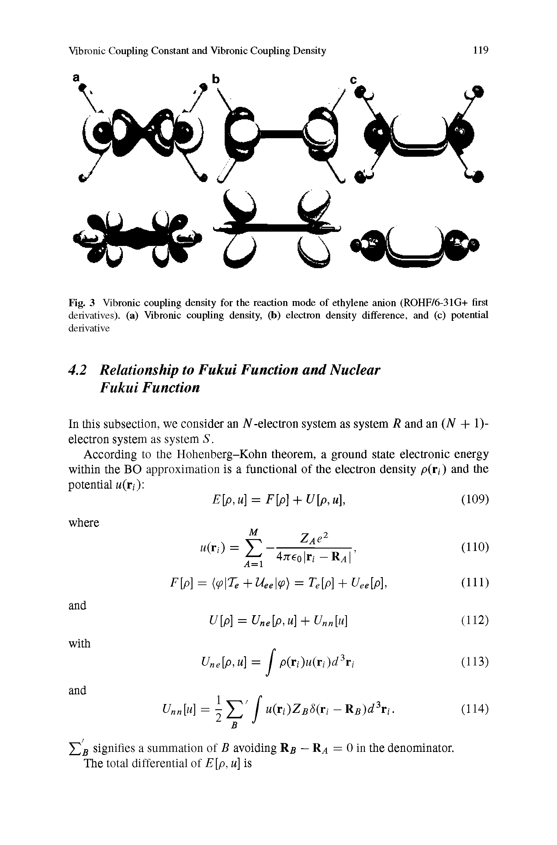 Fig. 3 Vibronic coupling density for the reaction mode of ethylene anion (ROHF/6-31G+ first derivatives), (a) Vibronic coupling density, (b) electron density difference, and (c) potential...